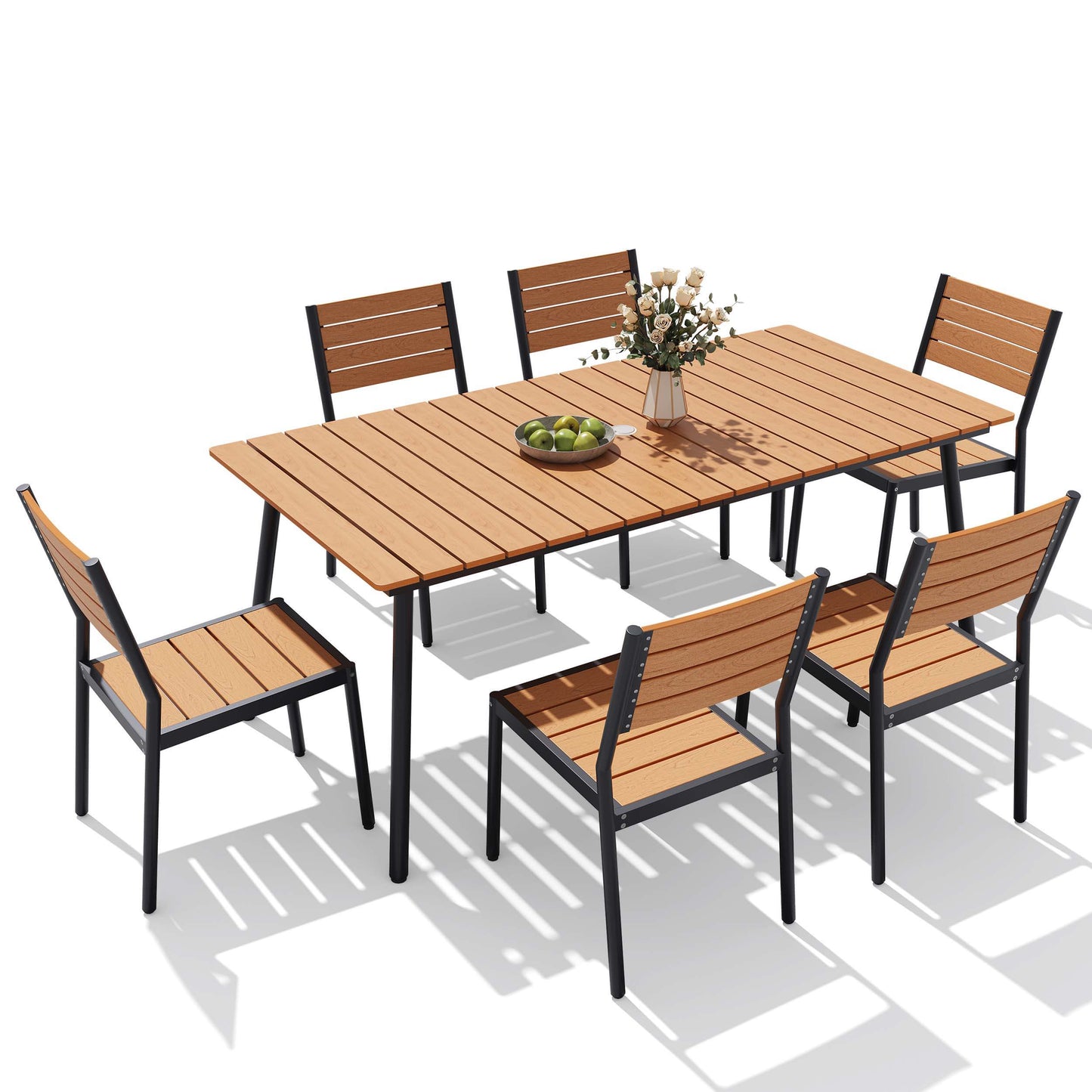 7-piece outdoor patio dining set with teak polywood slatted top table and 6 armchairs.