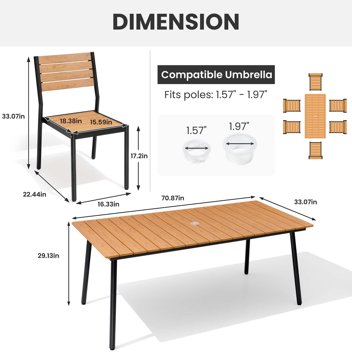 Dimension diagram of 7-piece patio dining set showing polywood table, chair sizes, and umbrella hole.