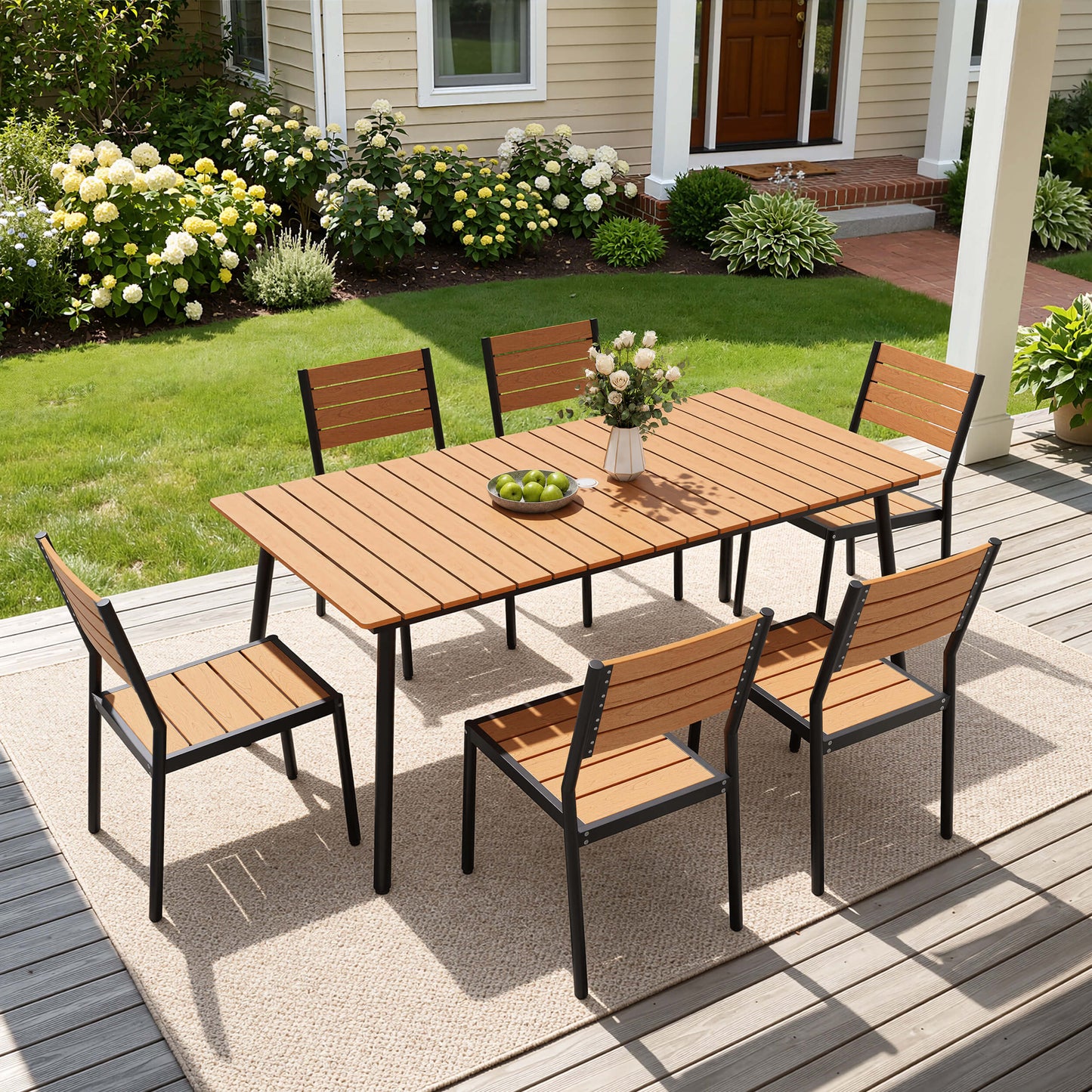 7-piece outdoor patio dining set with polywood slatted table and 6 chairs on deck.