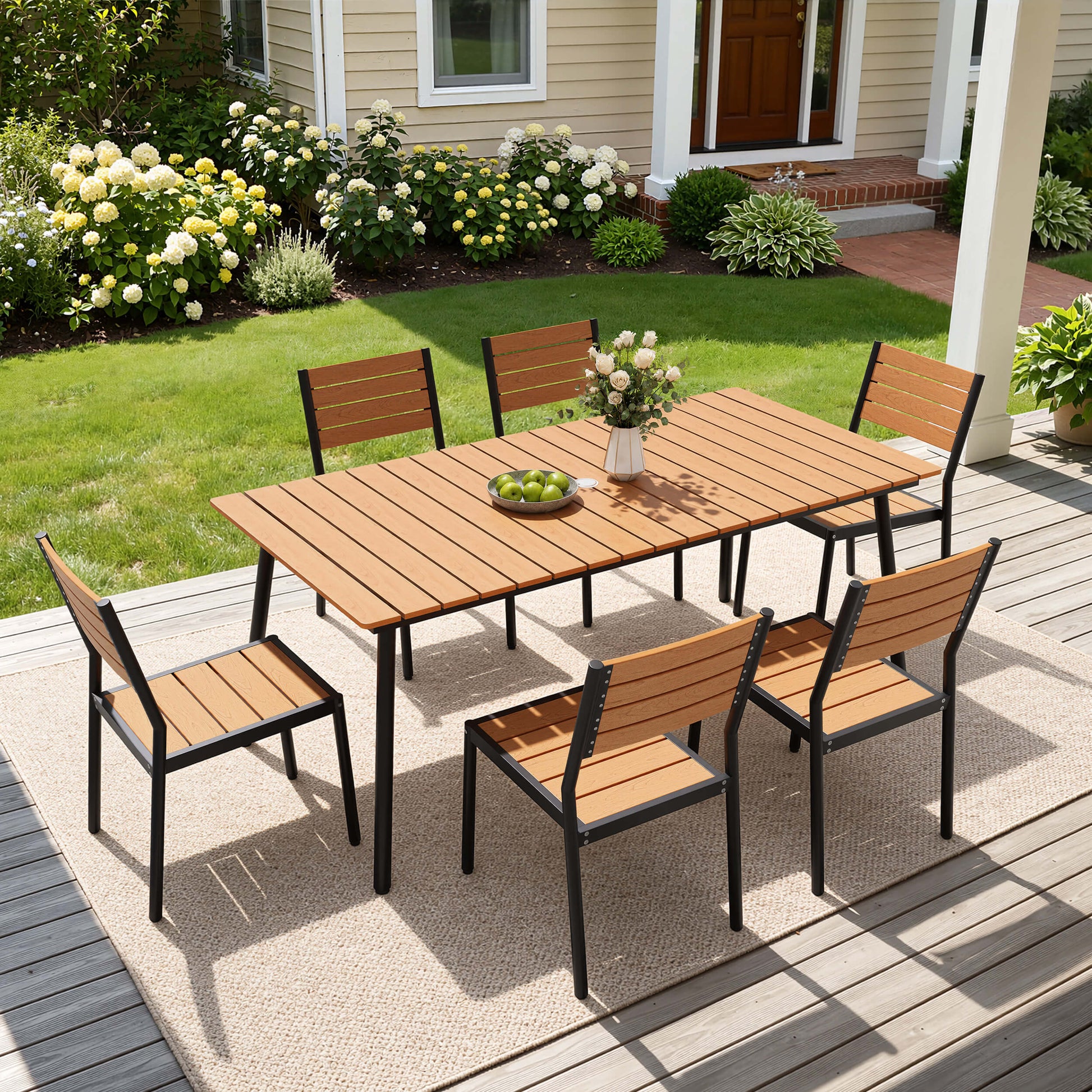 7-piece outdoor patio dining set with polywood slatted table and 6 chairs on deck.