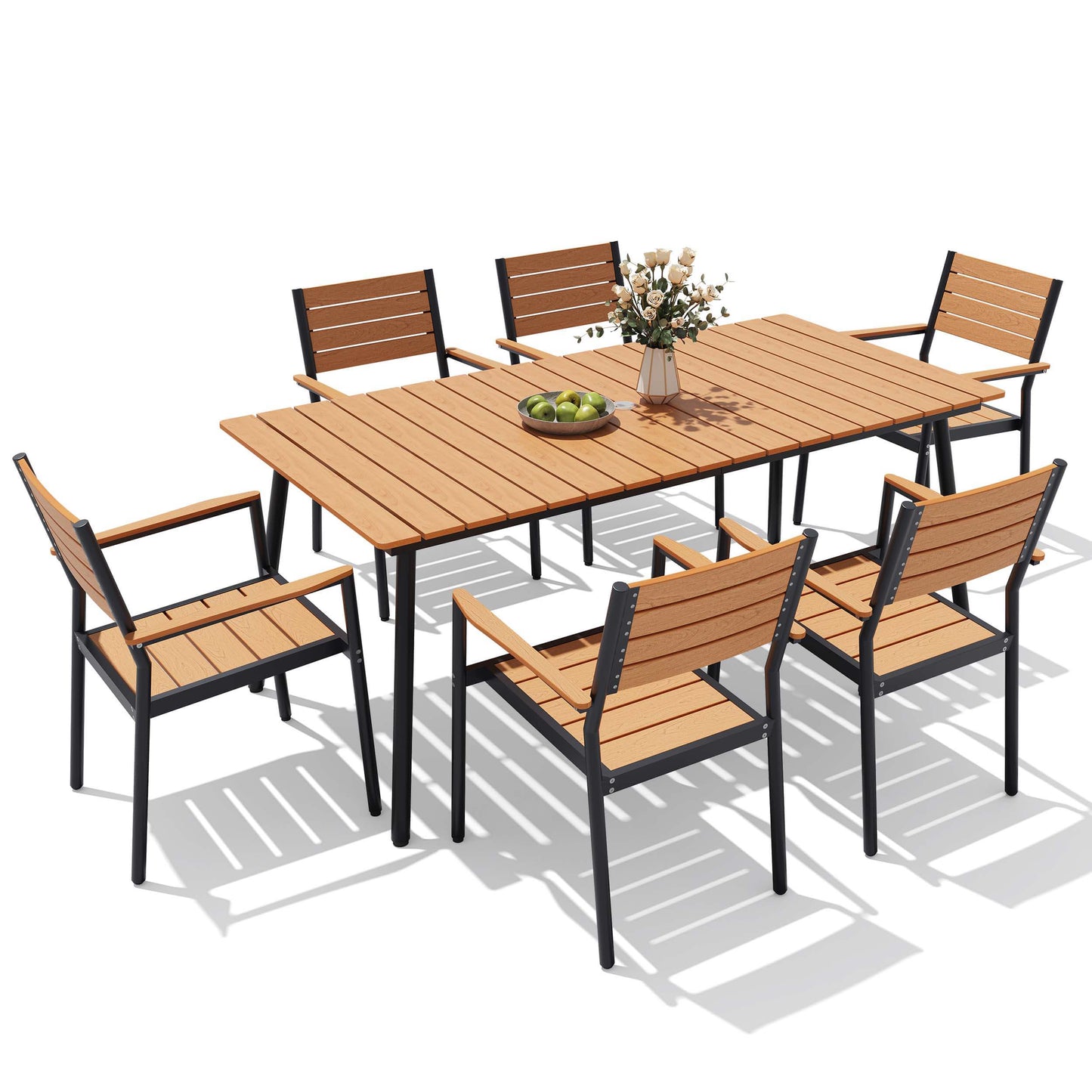 7-piece outdoor patio dining set with teak polywood slatted table and 6 armchairs on white background.