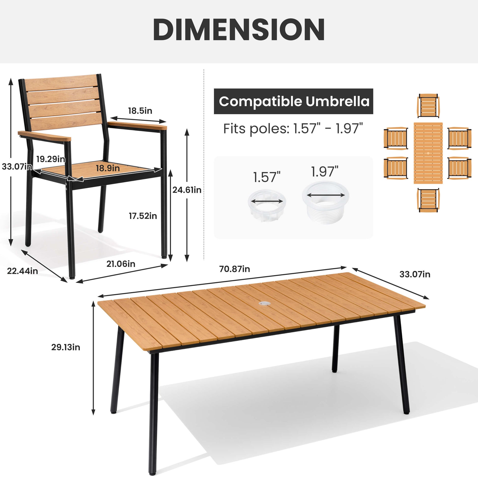 Dimension diagram for 7-piece patio dining set showing chair, table, and umbrella hole specs.
