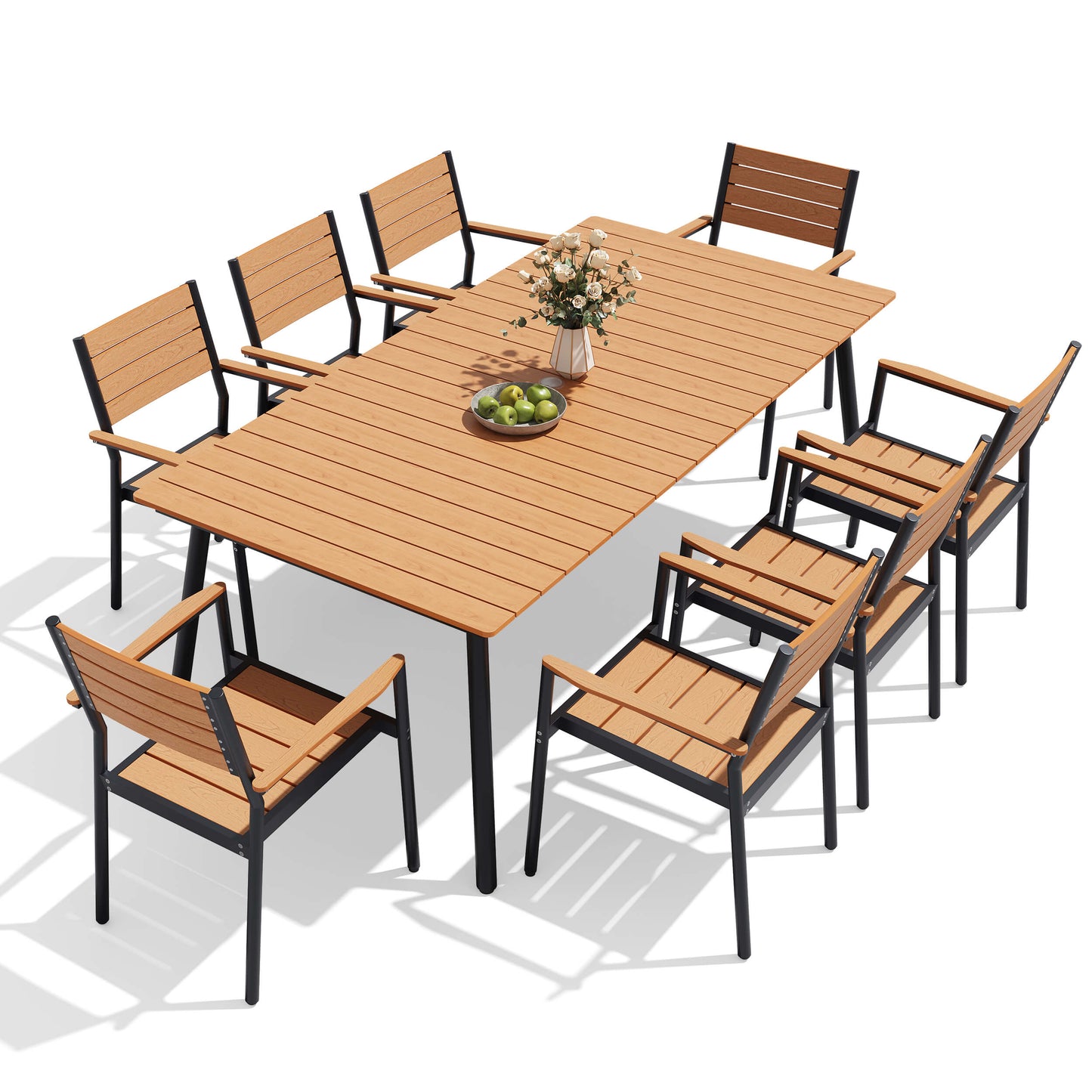 9-piece outdoor patio dining set with teak polywood slatted table and 8 armchairs on white background.