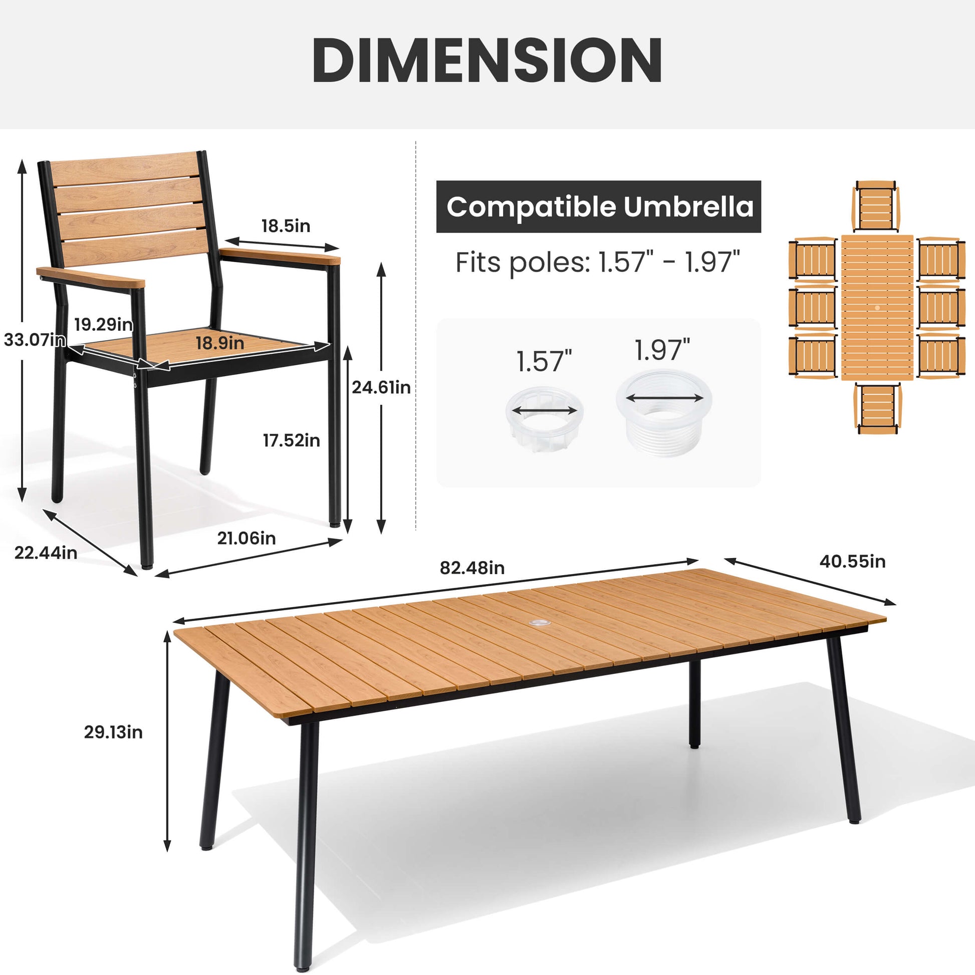 Dimensions diagram for 9-piece outdoor dining set with polywood table, armchairs, and umbrella hole size.
