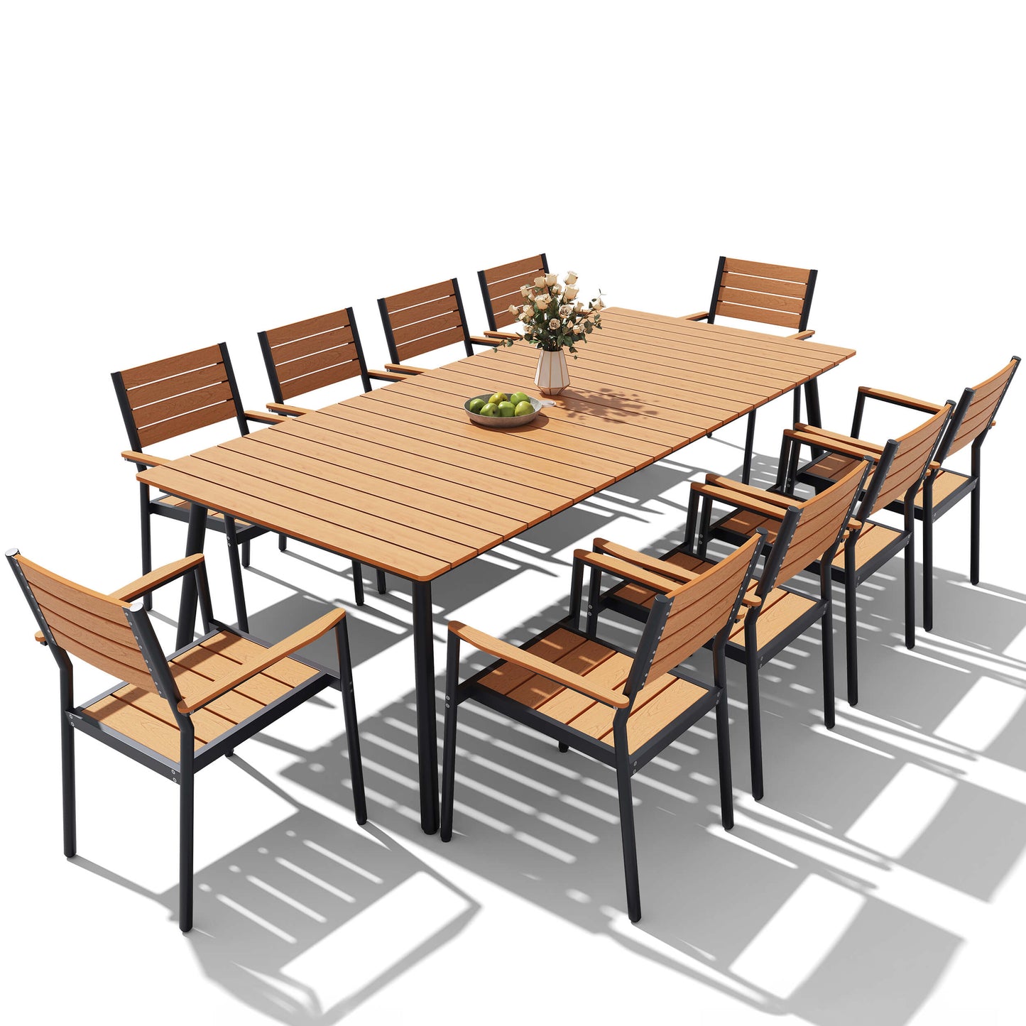 11-piece outdoor patio dining set with large polywood table and 10 armchairs on white background.