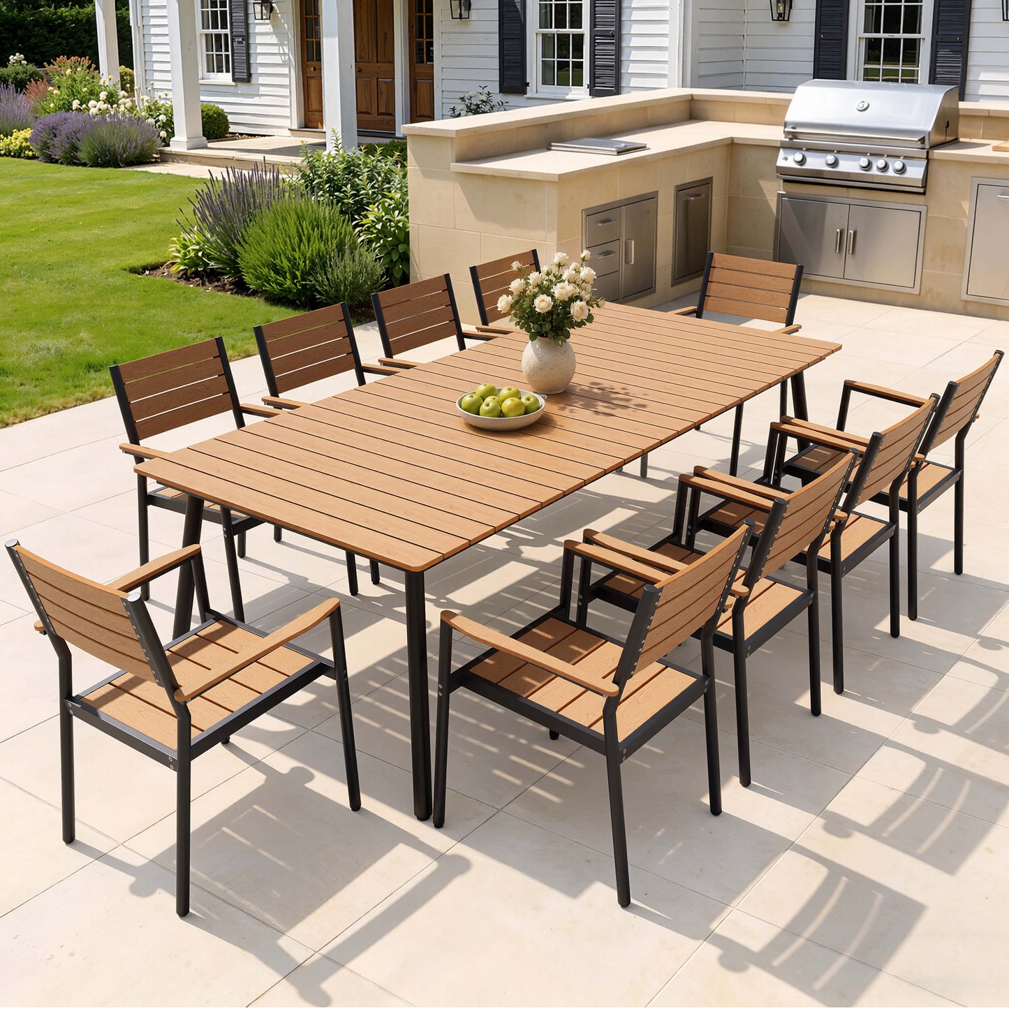 11-piece outdoor patio dining set with polywood slatted table and 10 chairs in backyard.