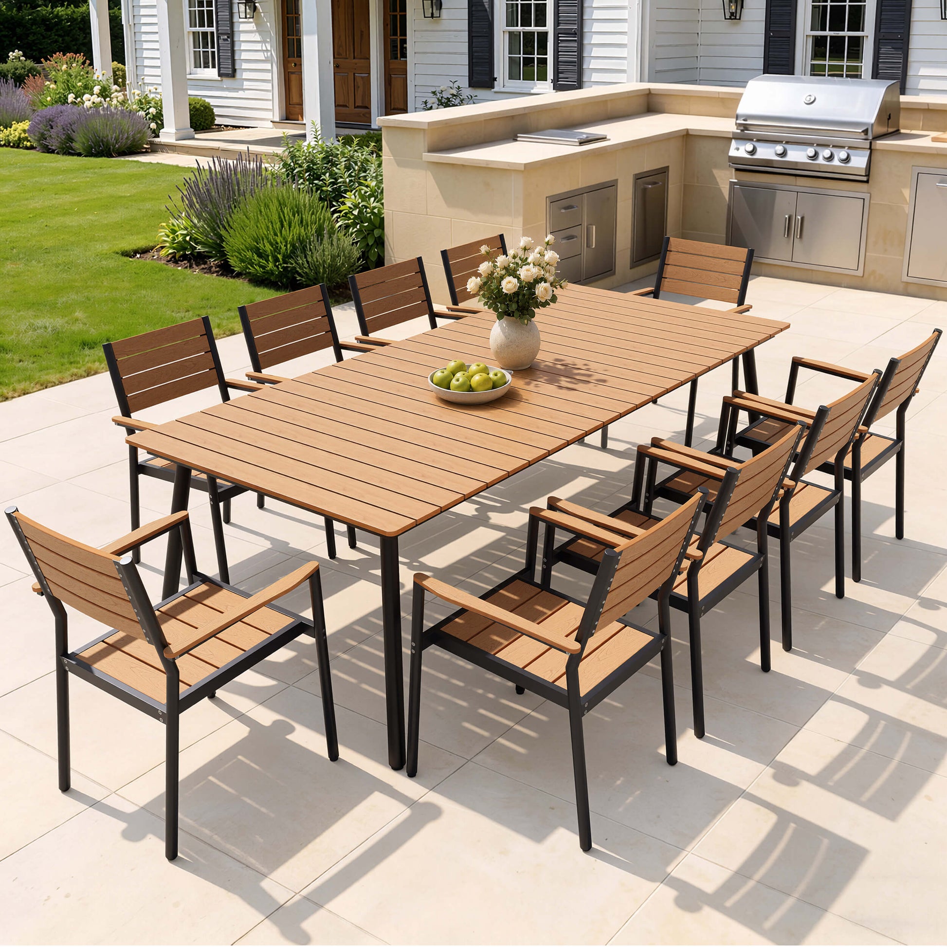 11-piece outdoor patio dining set with polywood slatted table and 10 chairs in backyard.