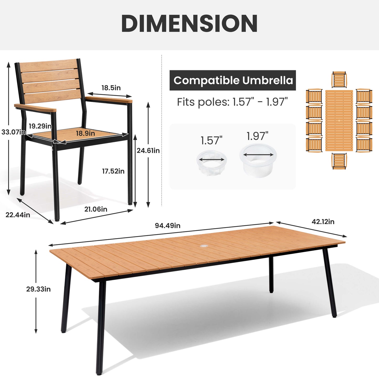 Dimension diagram of 11-piece patio dining set showing polywood table, chair sizes, and umbrella hole.