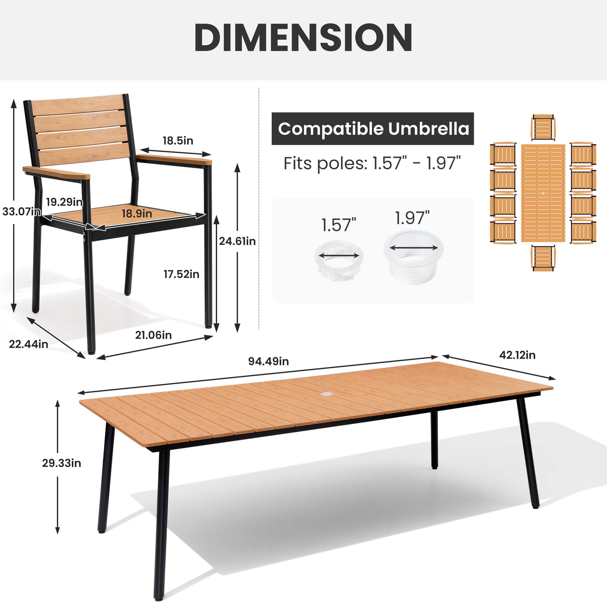Dimension diagram of 11-piece patio dining set showing polywood table, chair sizes, and umbrella hole.