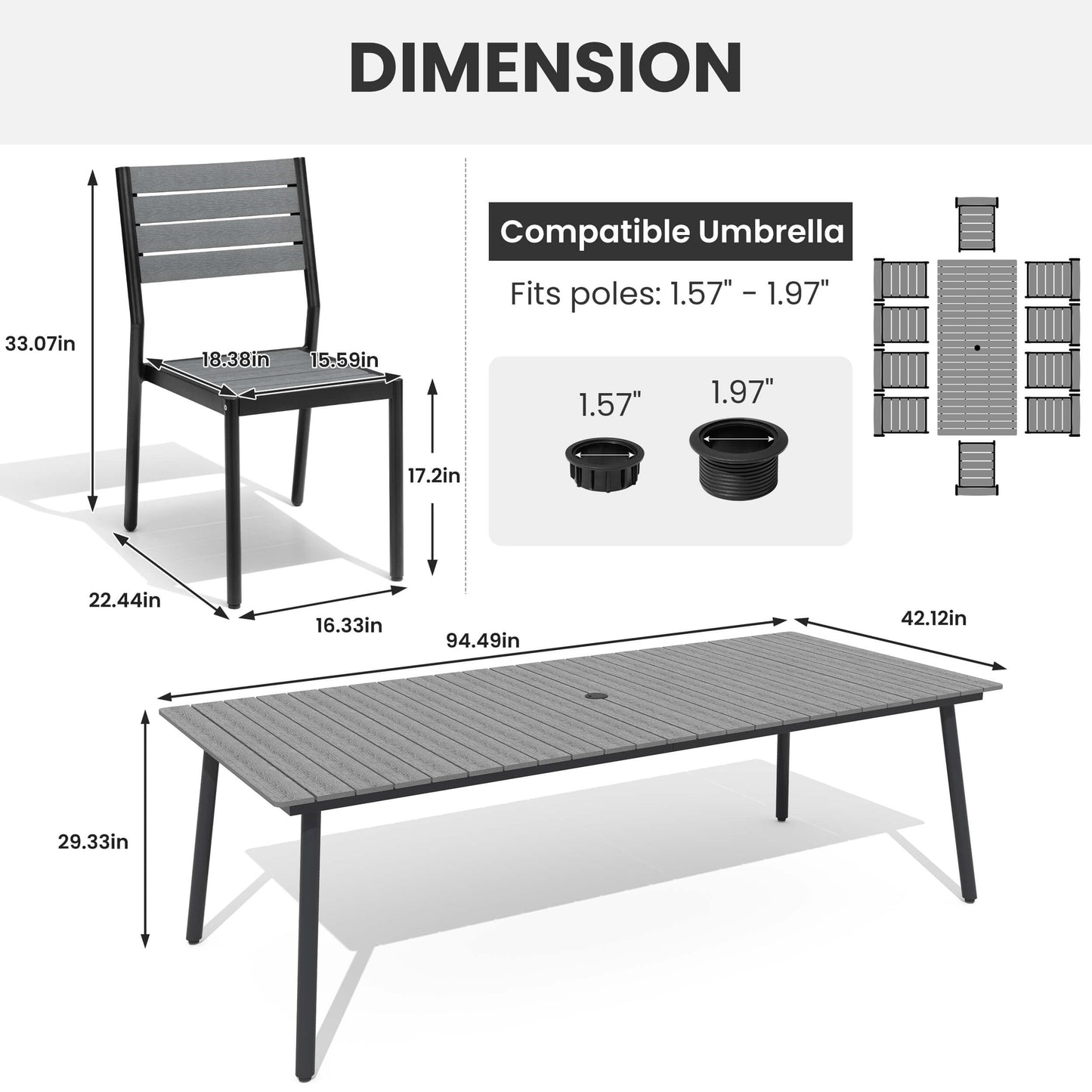 Aluminum Dining Set with Umbrella Hole & Polywood Chairs