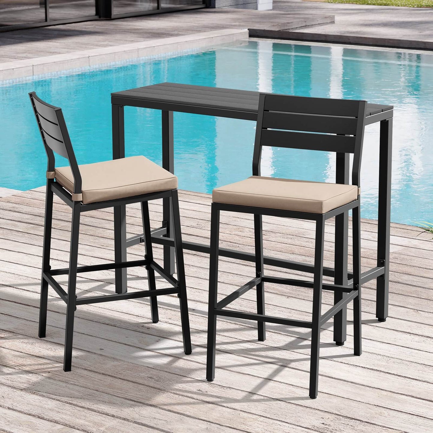 3-Piece Outdoor Bar Set with Wood-Plastic Table and Bar Chairs