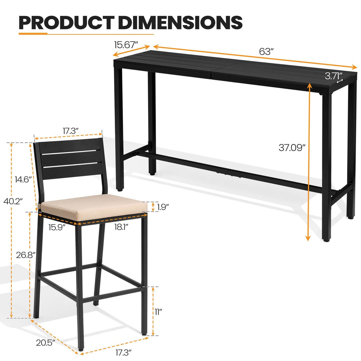 3-Piece Outdoor Bar Set with Wood-Plastic Table and Bar Chairs