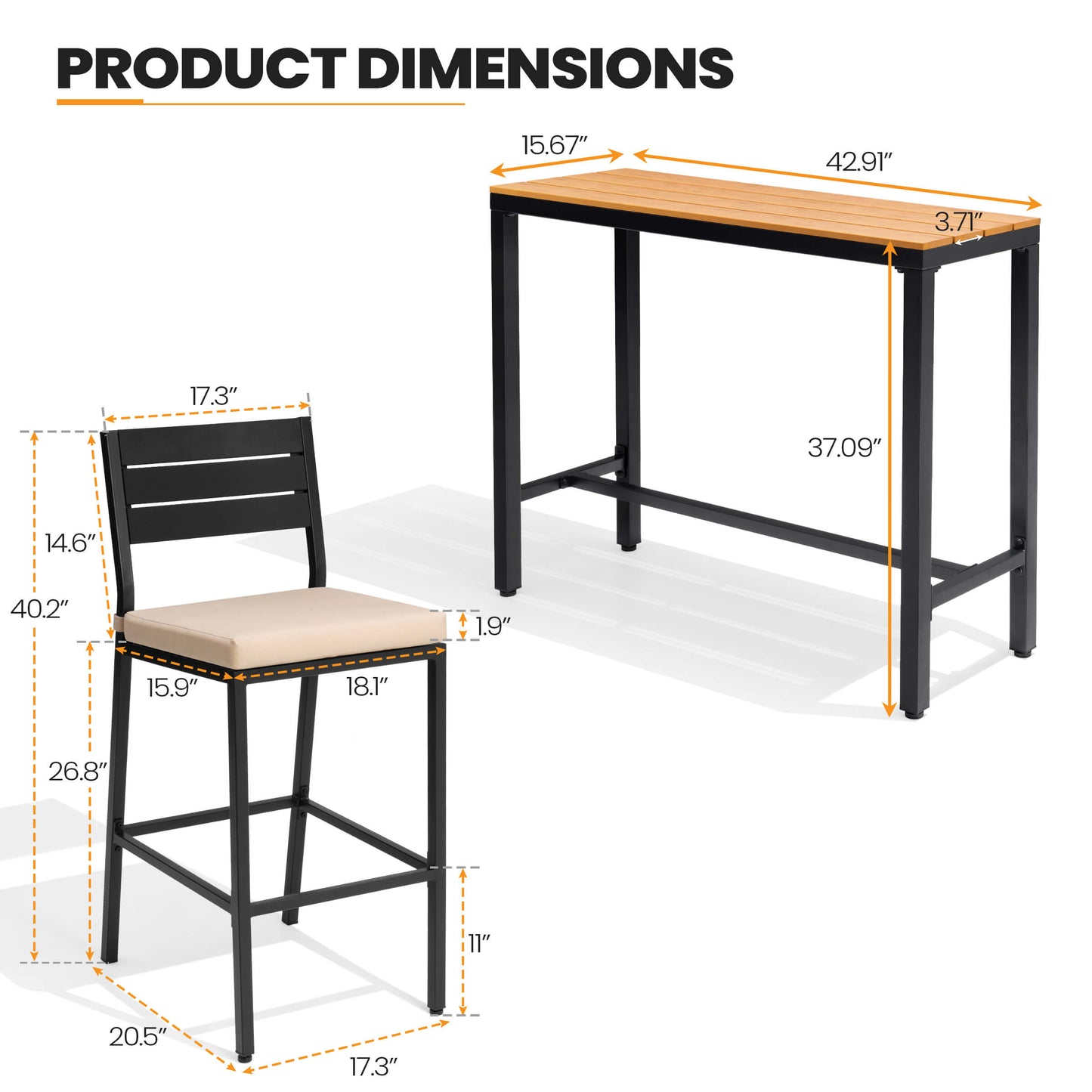 3-Piece Outdoor Bar Set with Wood-Plastic Table and Bar Chairs