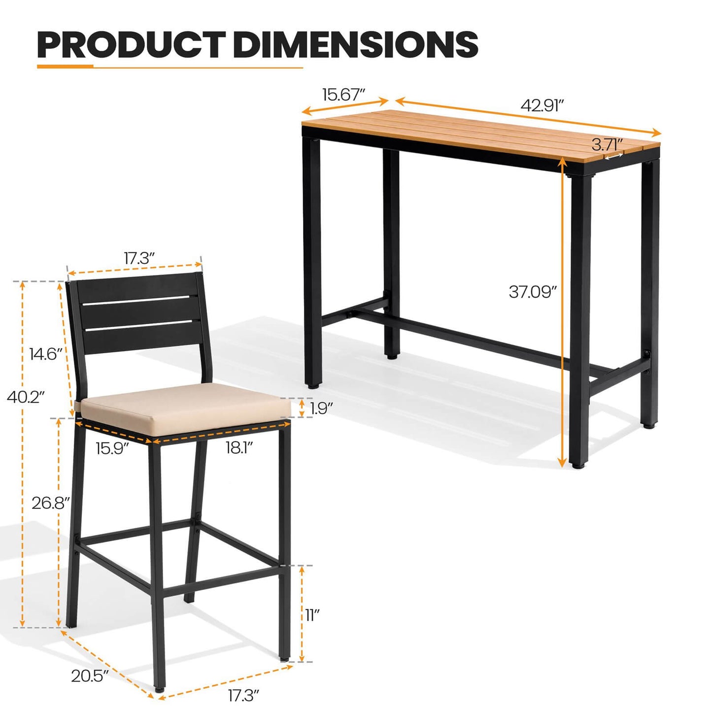 3-Piece Outdoor Bar Set with Wood-Plastic Table and Bar Chairs
