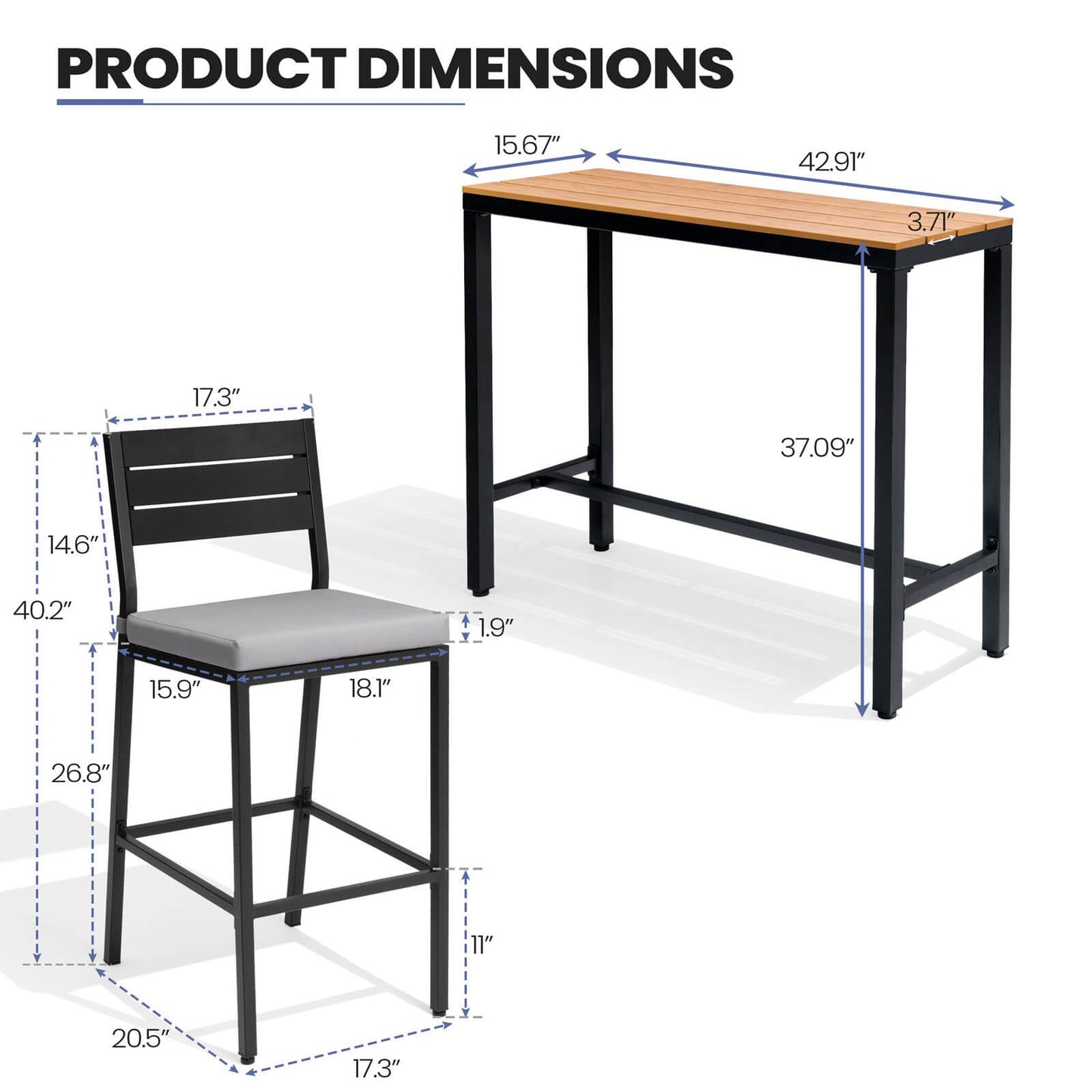 3-Piece Outdoor Bar Set with Wood-Plastic Table and Bar Chairs
