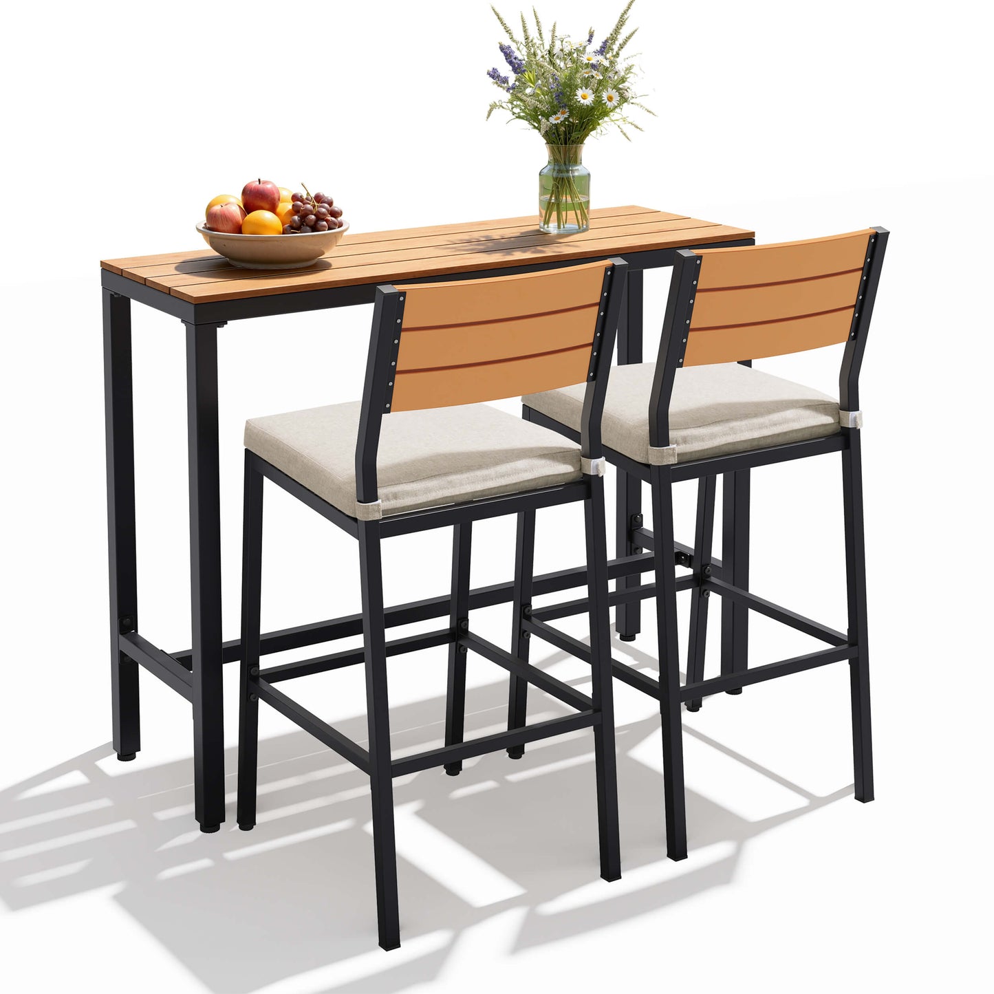 3-Piece Outdoor Bar Set with Wood-Plastic Table and Bar Chairs