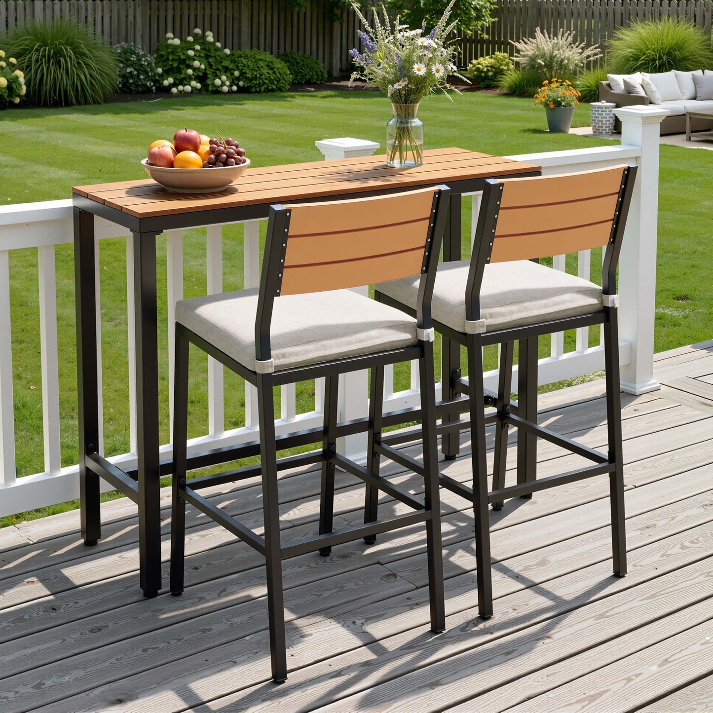 3-Piece Outdoor Bar Set with Wood-Plastic Table and Bar Chairs