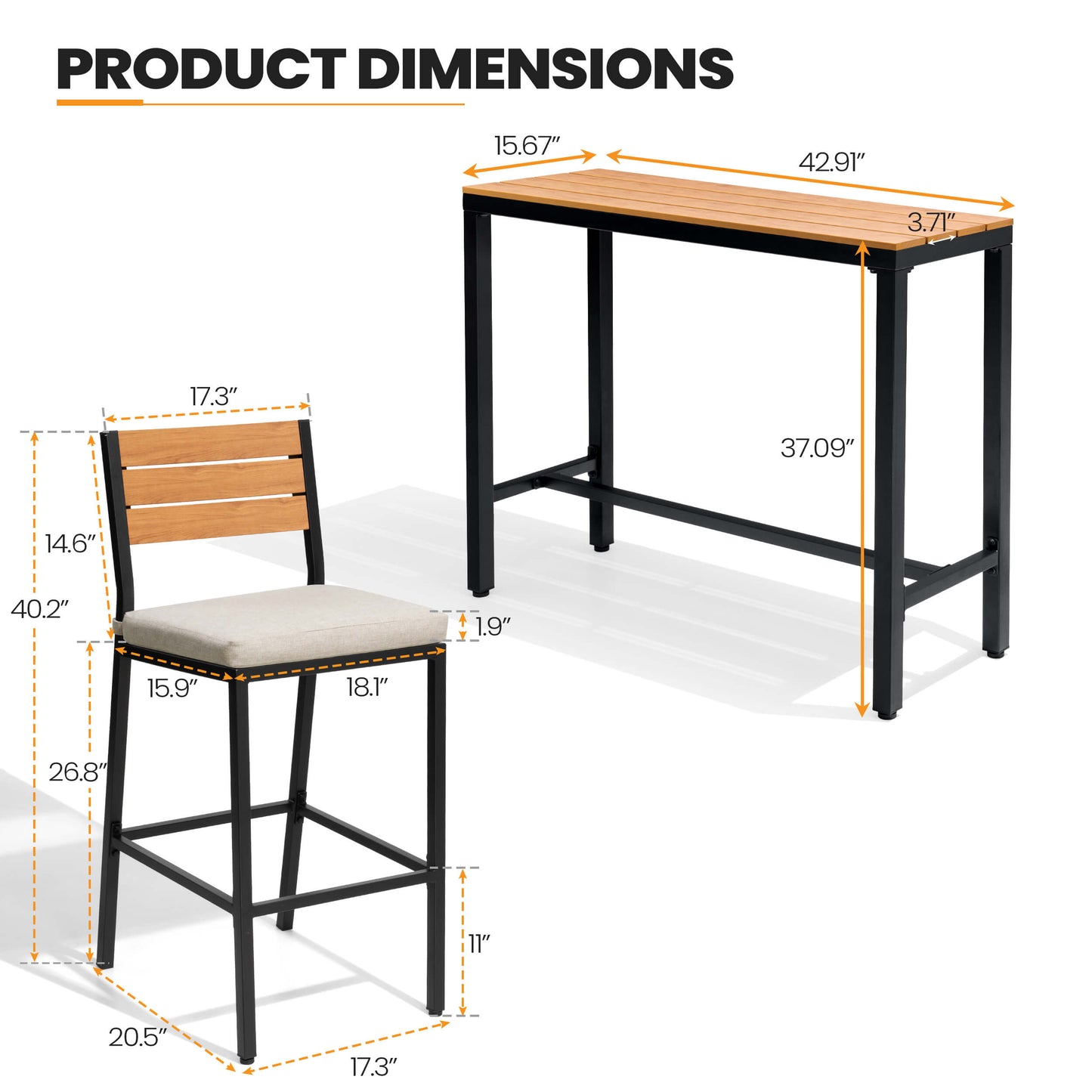 3-Piece Outdoor Bar Set with Wood-Plastic Table and Bar Chairs