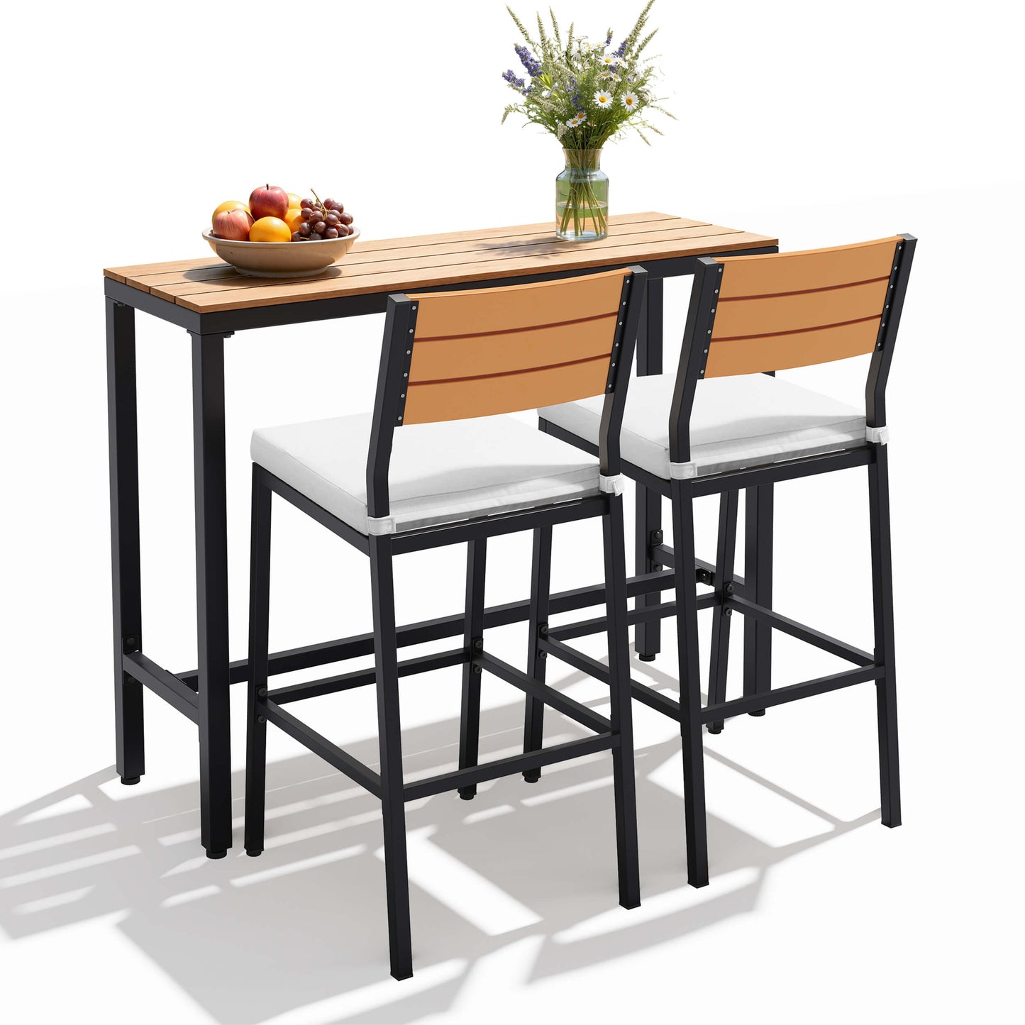 3-Piece Outdoor Bar Set with Wood-Plastic Table and Bar Chairs