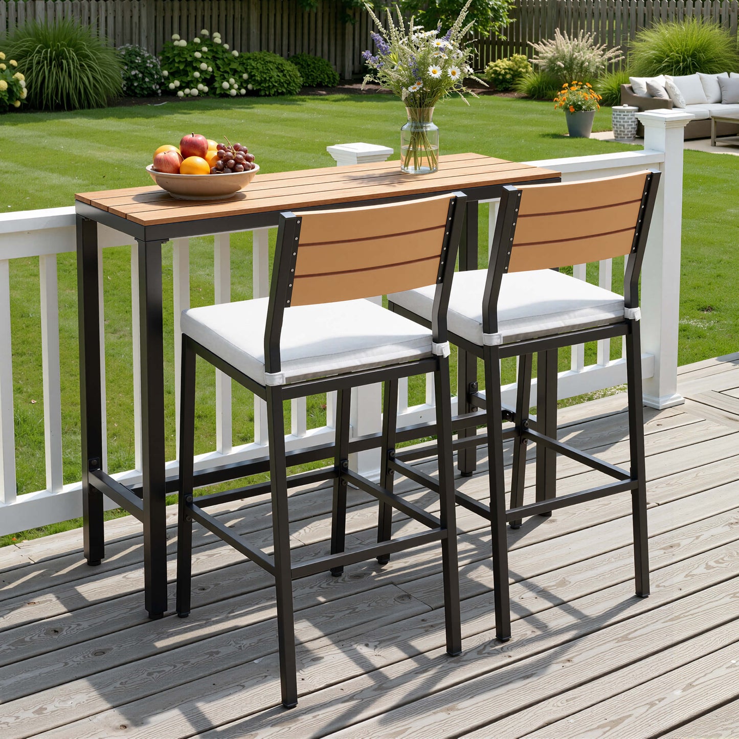 3-Piece Outdoor Bar Set with Wood-Plastic Table and Bar Chairs