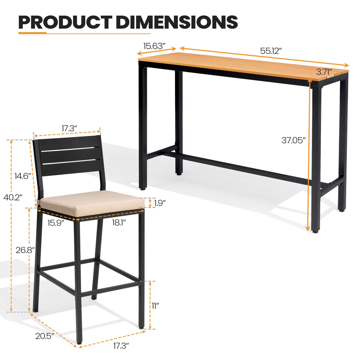 3-Piece Outdoor Bar Set with Wood-Plastic Table and Bar Chairs