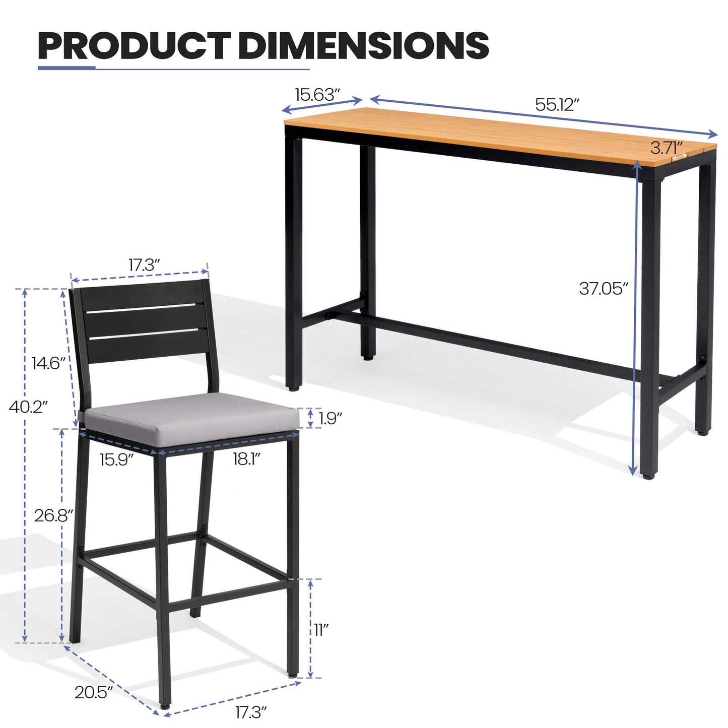 3-Piece Outdoor Bar Set with Wood-Plastic Table and Bar Chairs