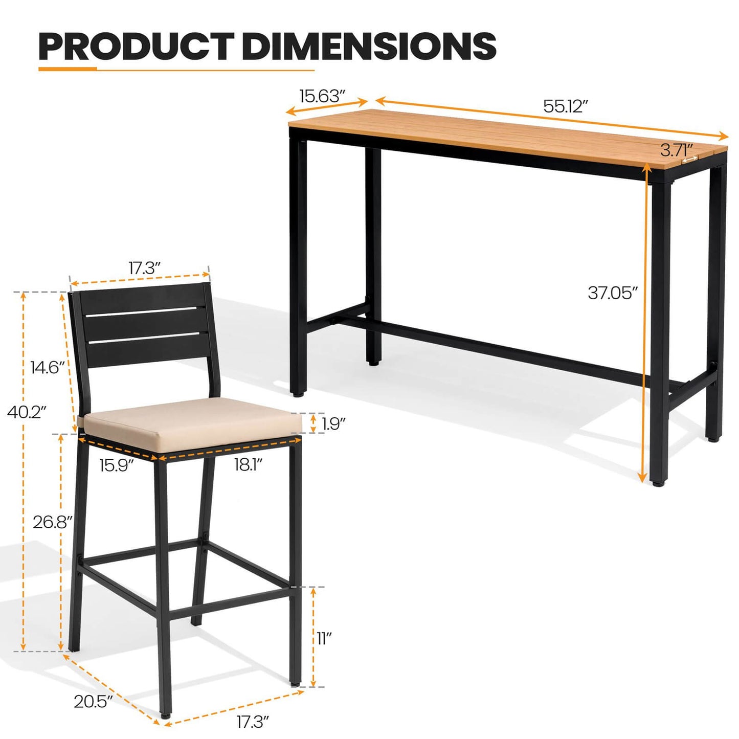 3-Piece Outdoor Bar Set with Wood-Plastic Table and Bar Chairs