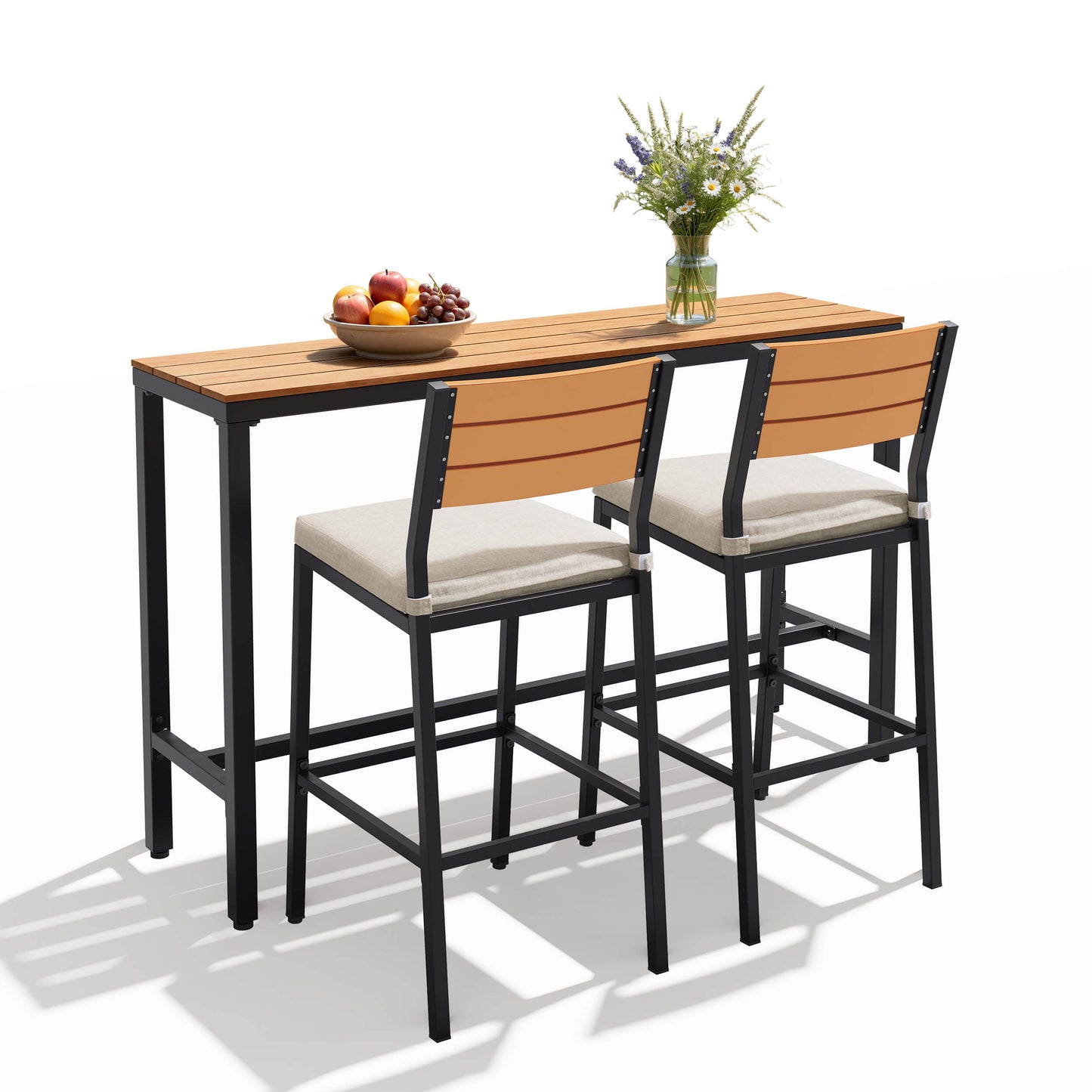 3-Piece Outdoor Bar Set with Wood-Plastic Table and Bar Chairs