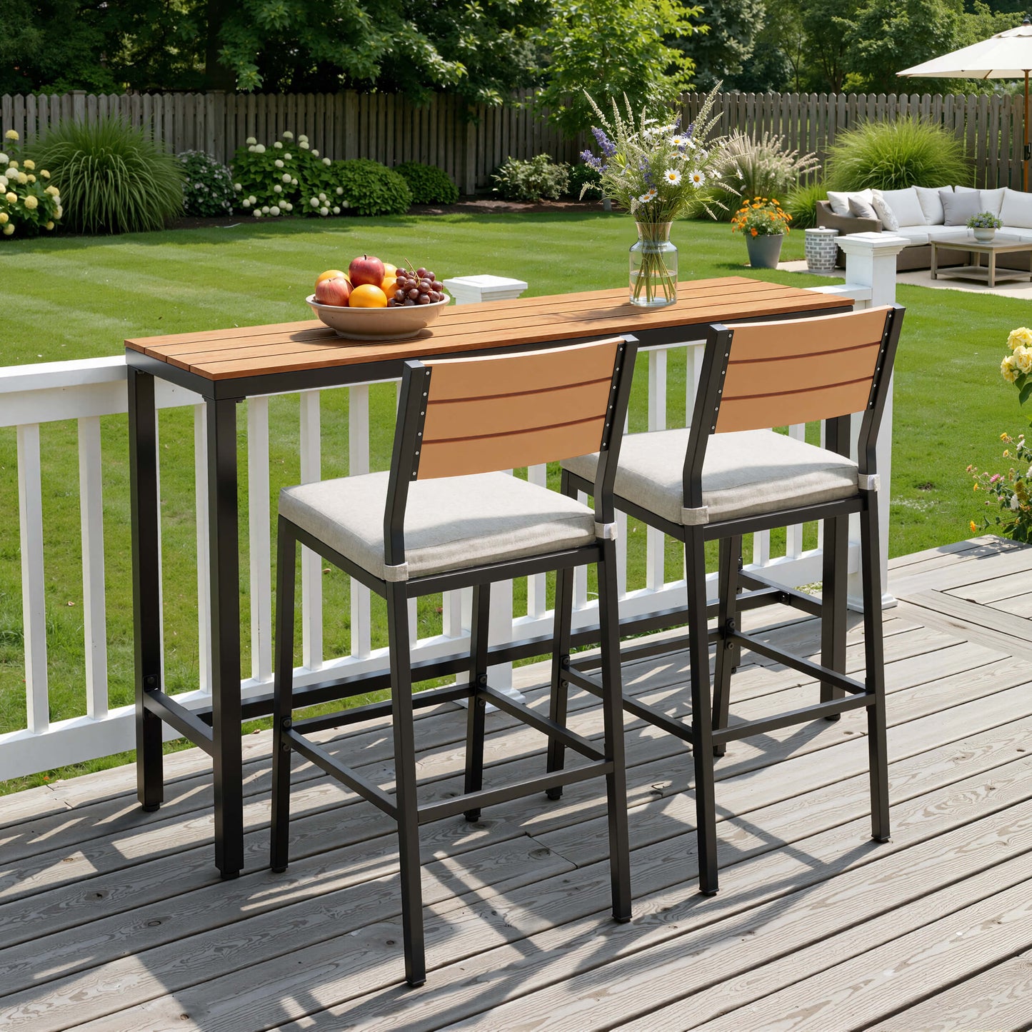 3-Piece Outdoor Bar Set with Wood-Plastic Table and Bar Chairs