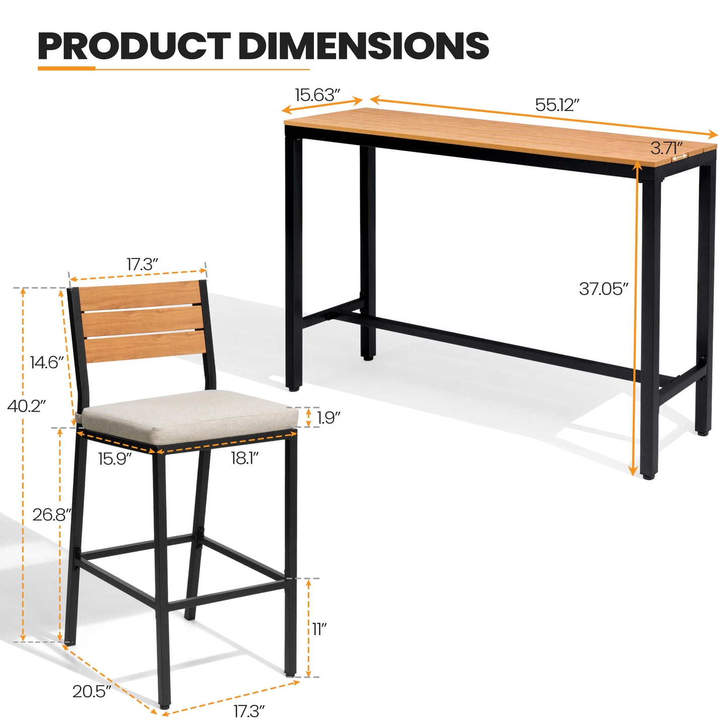 3-Piece Outdoor Bar Set with Wood-Plastic Table and Bar Chairs