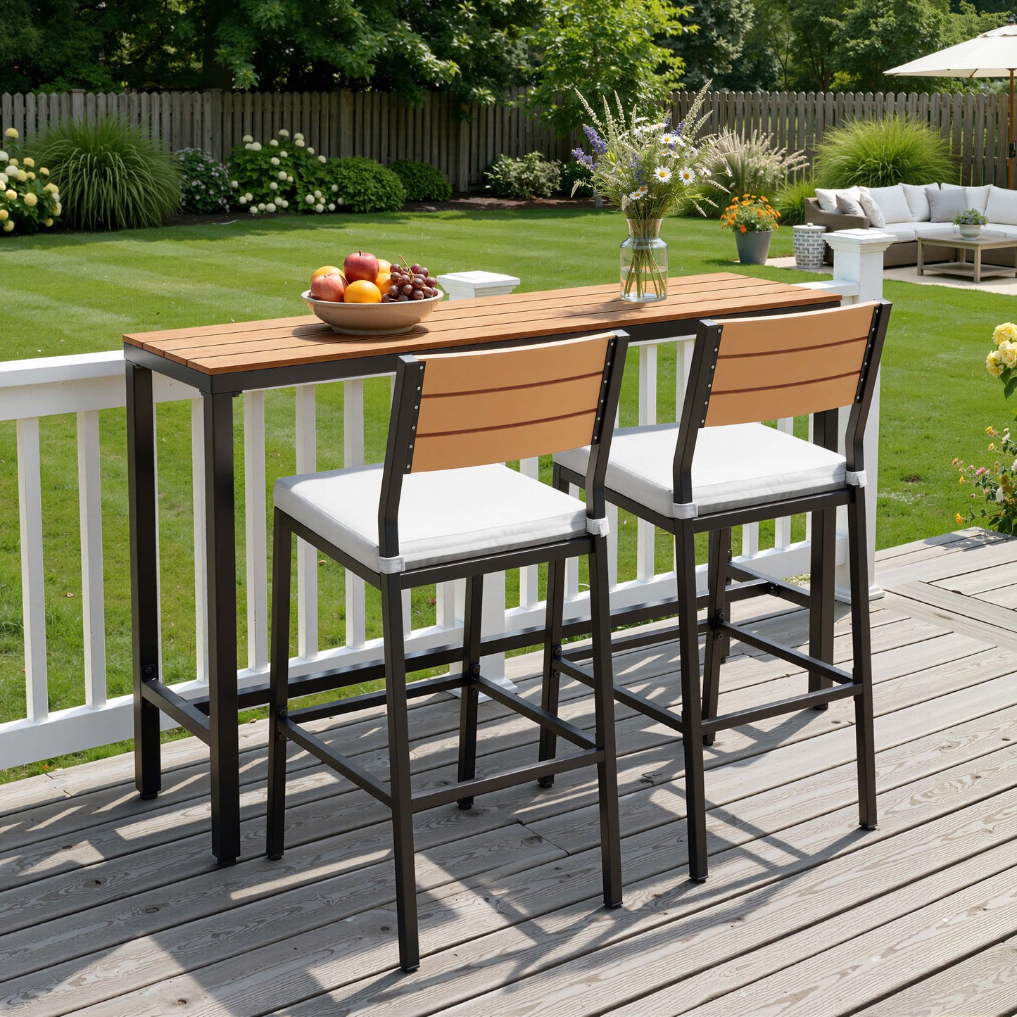 3-Piece Outdoor Bar Set with Wood-Plastic Table and Bar Chairs