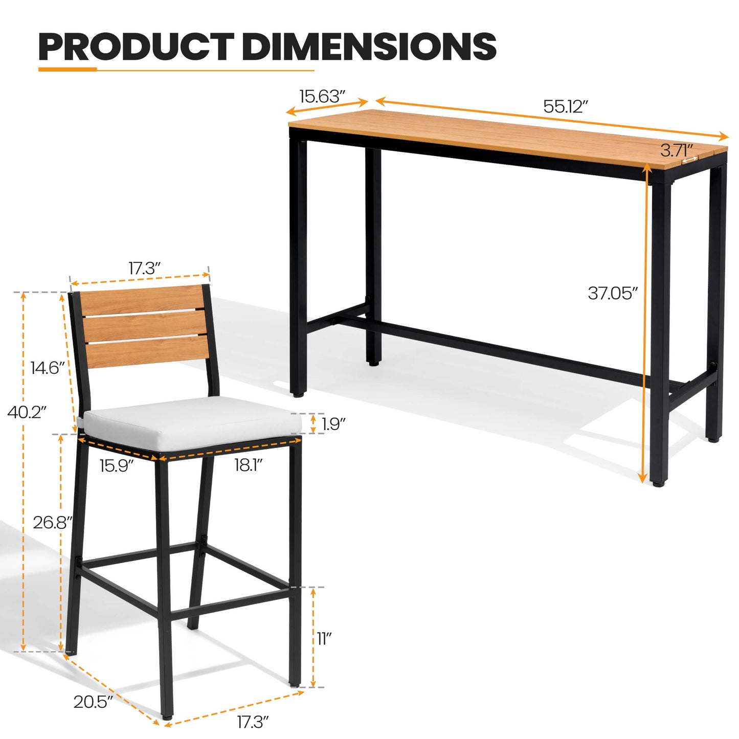 3-Piece Outdoor Bar Set with Wood-Plastic Table and Bar Chairs