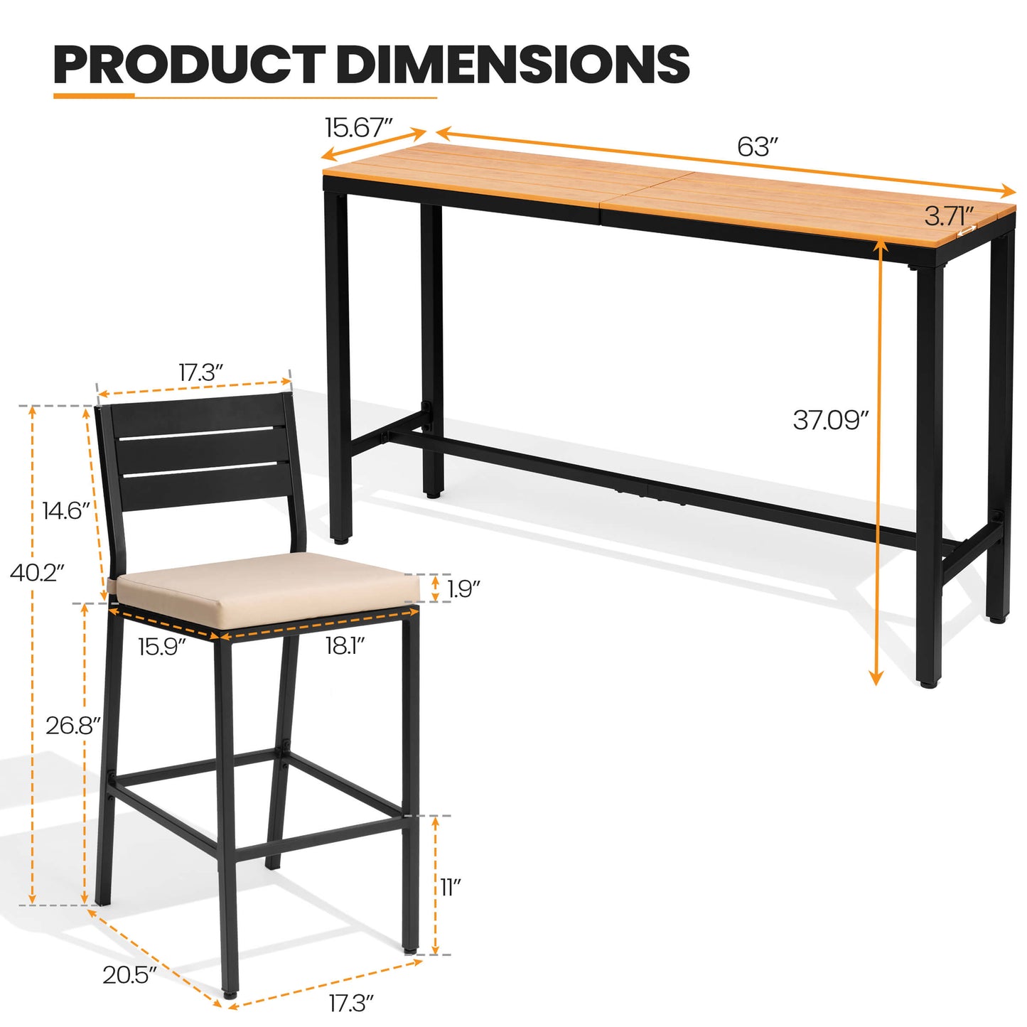 3-Piece Outdoor Bar Set with Wood-Plastic Table and Bar Chairs