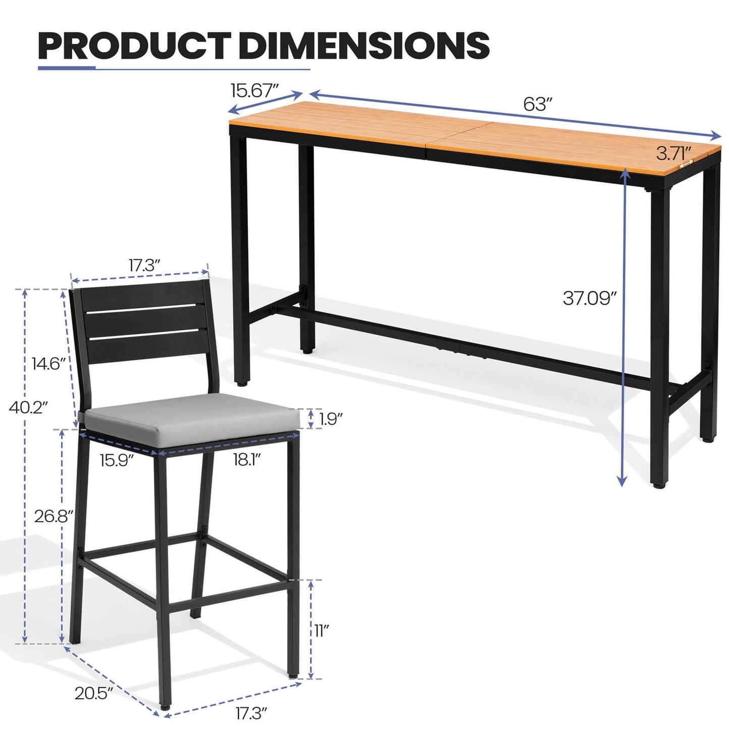 3-Piece Outdoor Bar Set with Wood-Plastic Table and Bar Chairs