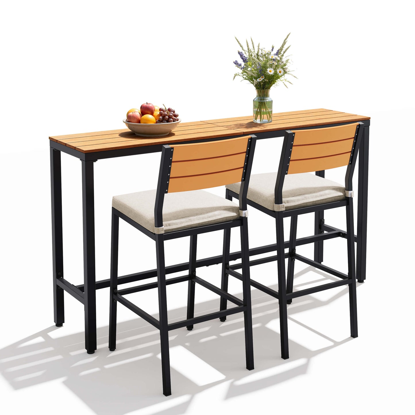 3-Piece Outdoor Bar Set with Wood-Plastic Table and Bar Chairs
