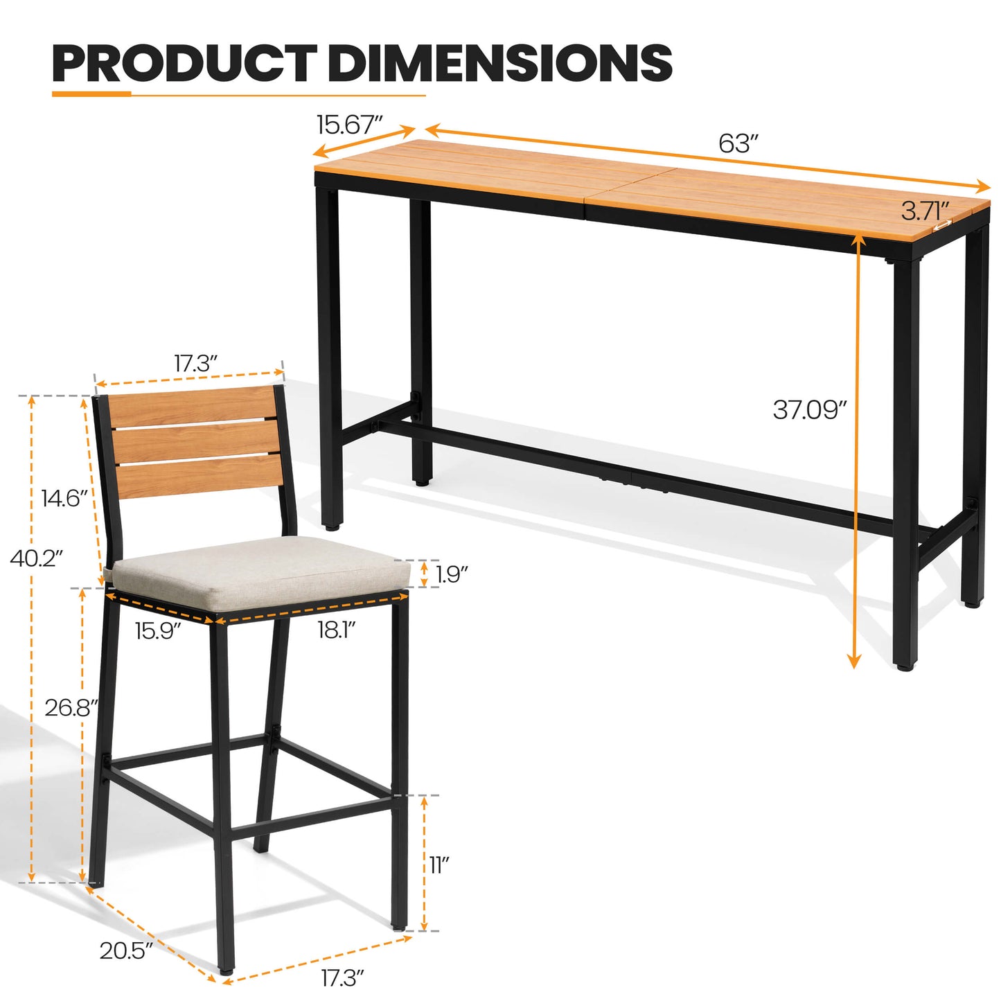 3-Piece Outdoor Bar Set with Wood-Plastic Table and Bar Chairs