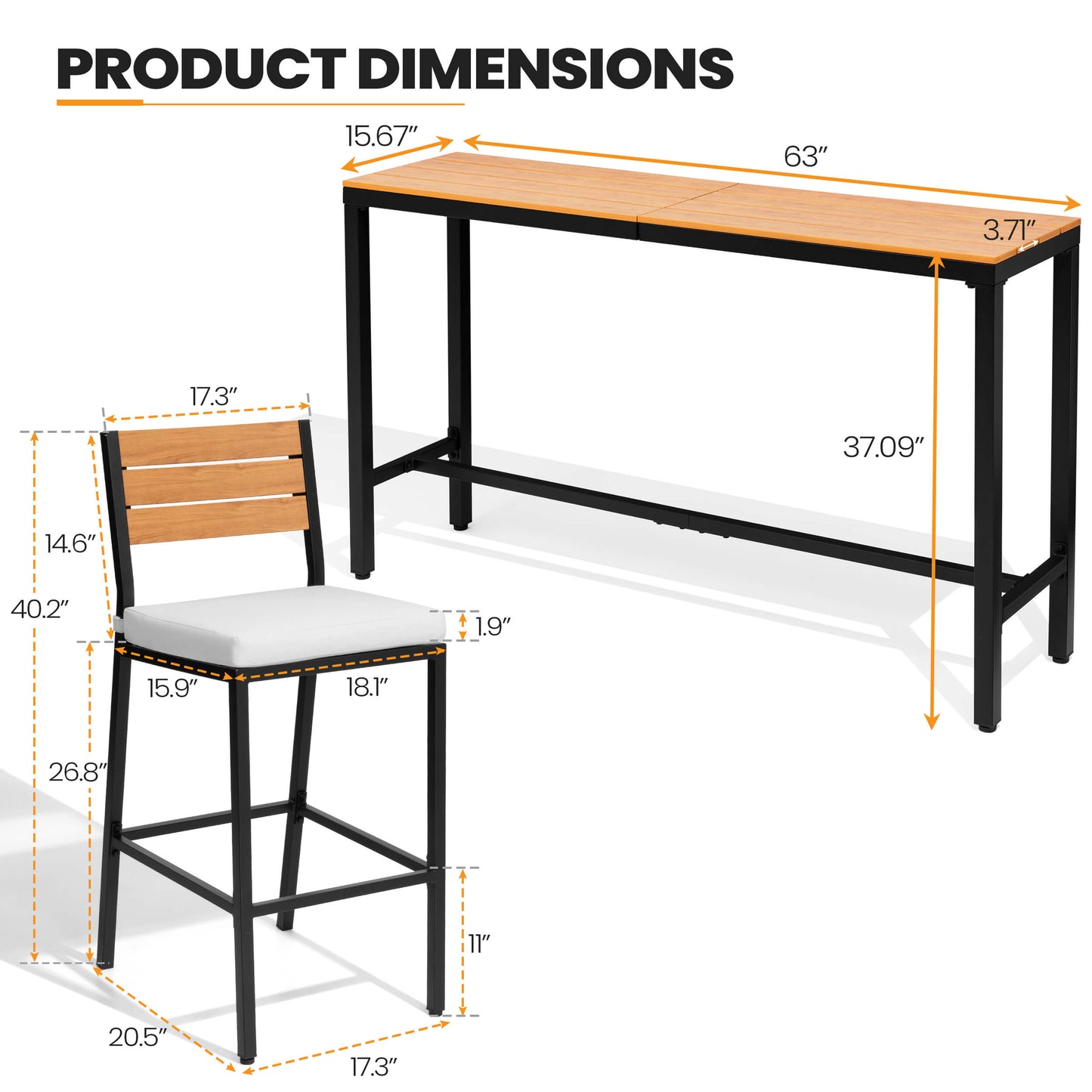 3-Piece Outdoor Bar Set with Wood-Plastic Table and Bar Chairs