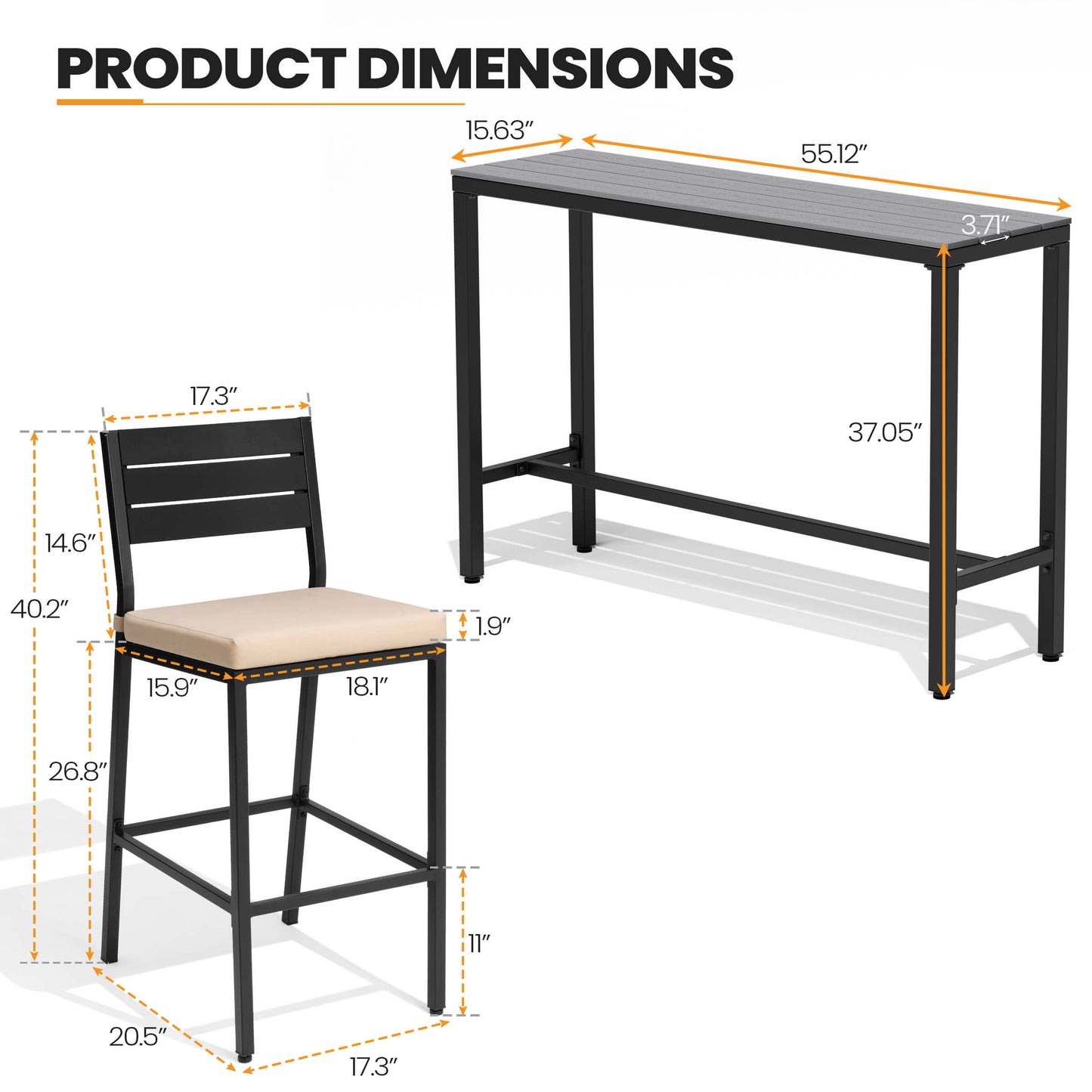 3-Piece Outdoor Bar Set with Wood-Plastic Table and Bar Chairs