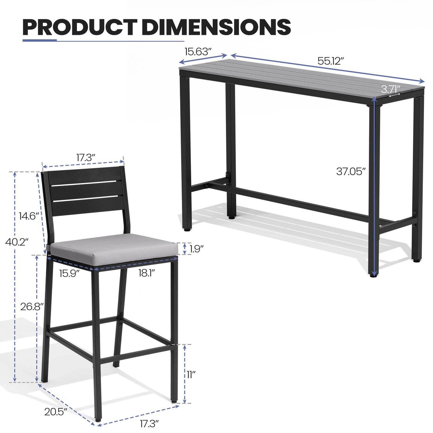 3-Piece Outdoor Bar Set with Wood-Plastic Table and Bar Chairs
