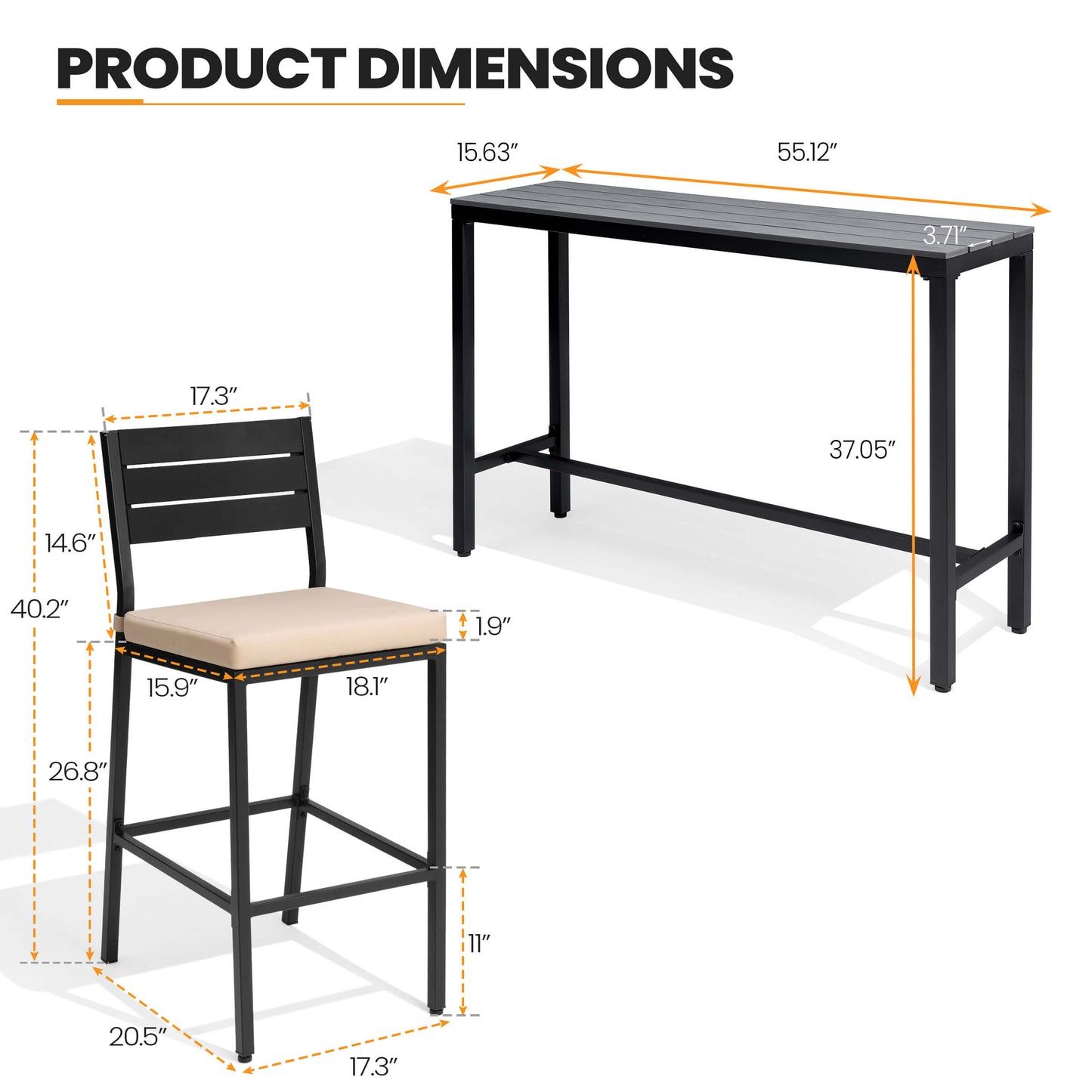 3-Piece Outdoor Bar Set with Wood-Plastic Table and Bar Chairs