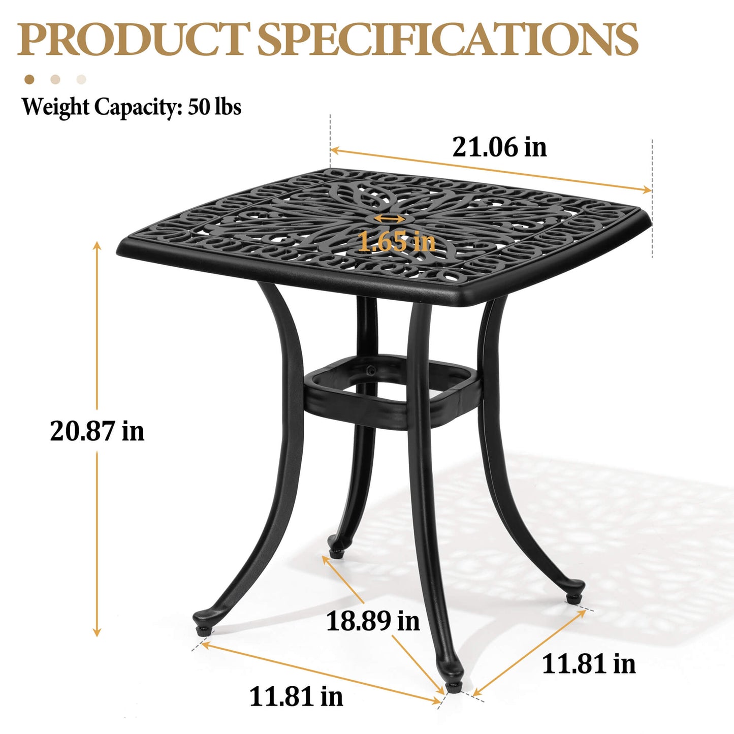 21x21" Square Cast Aluminum Side Table with Umbrella Hole