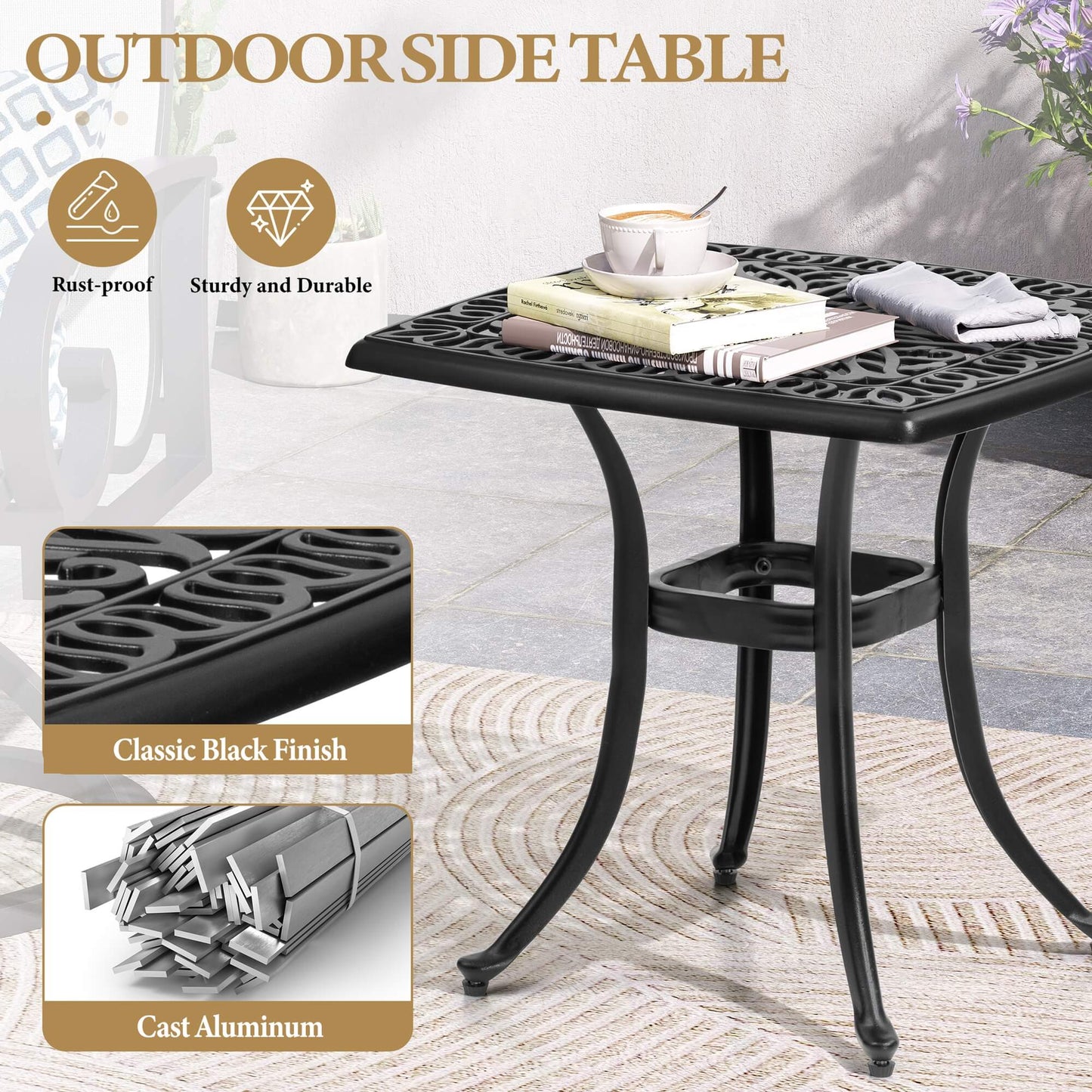 21x21" Square Cast Aluminum Side Table with Umbrella Hole