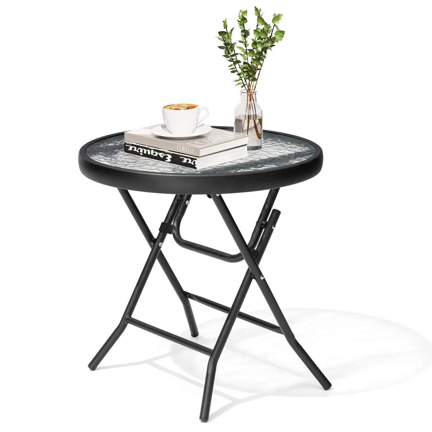 17x17" Foldable Round Glass Top Outdoor Side Table