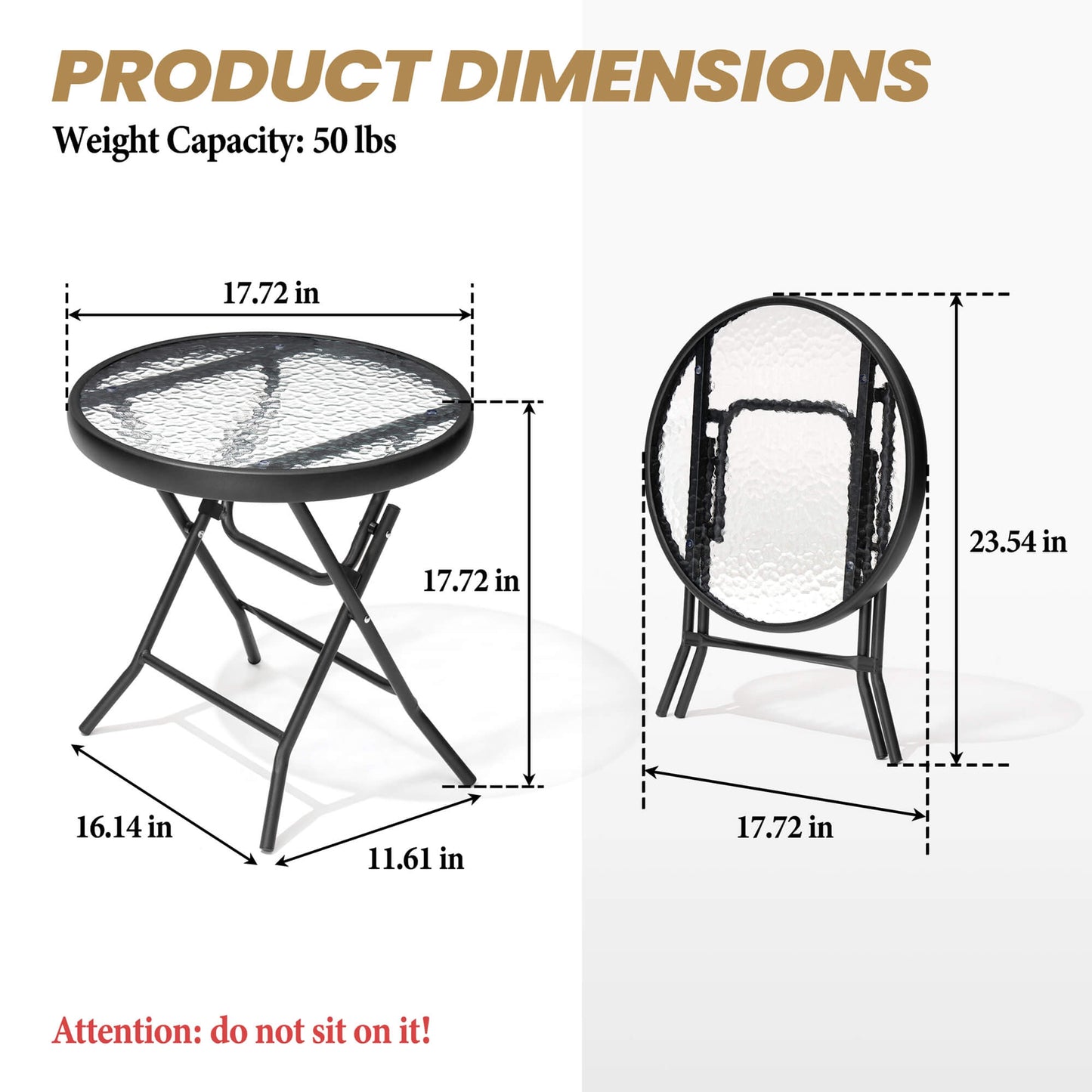 17x17" Foldable Round Glass Top Outdoor Side Table