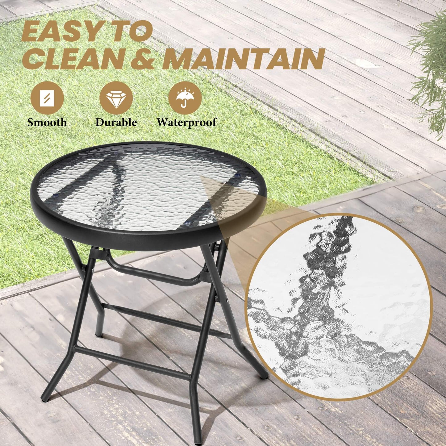 17x17" Foldable Round Glass Top Outdoor Side Table