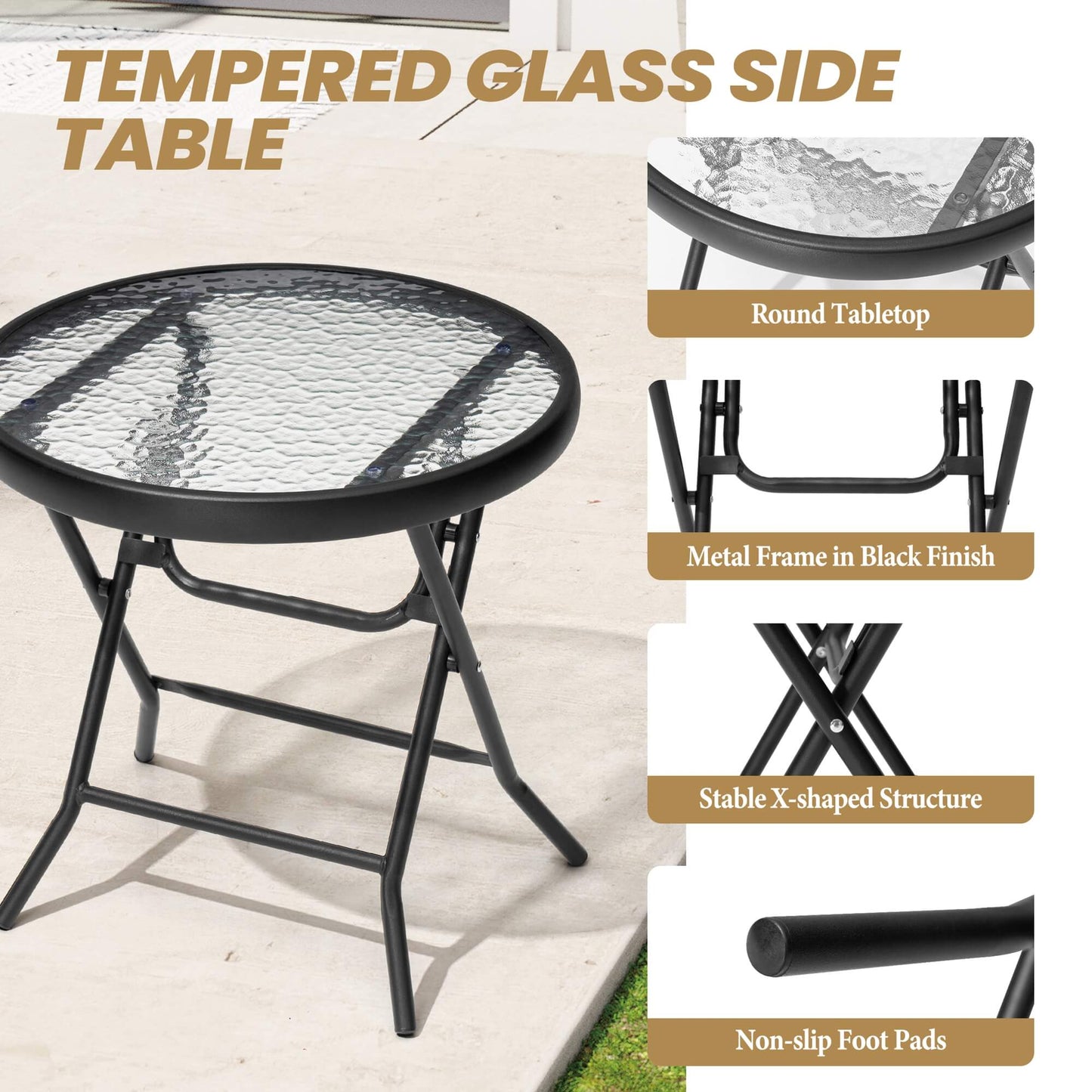 17x17" Foldable Round Glass Top Outdoor Side Table