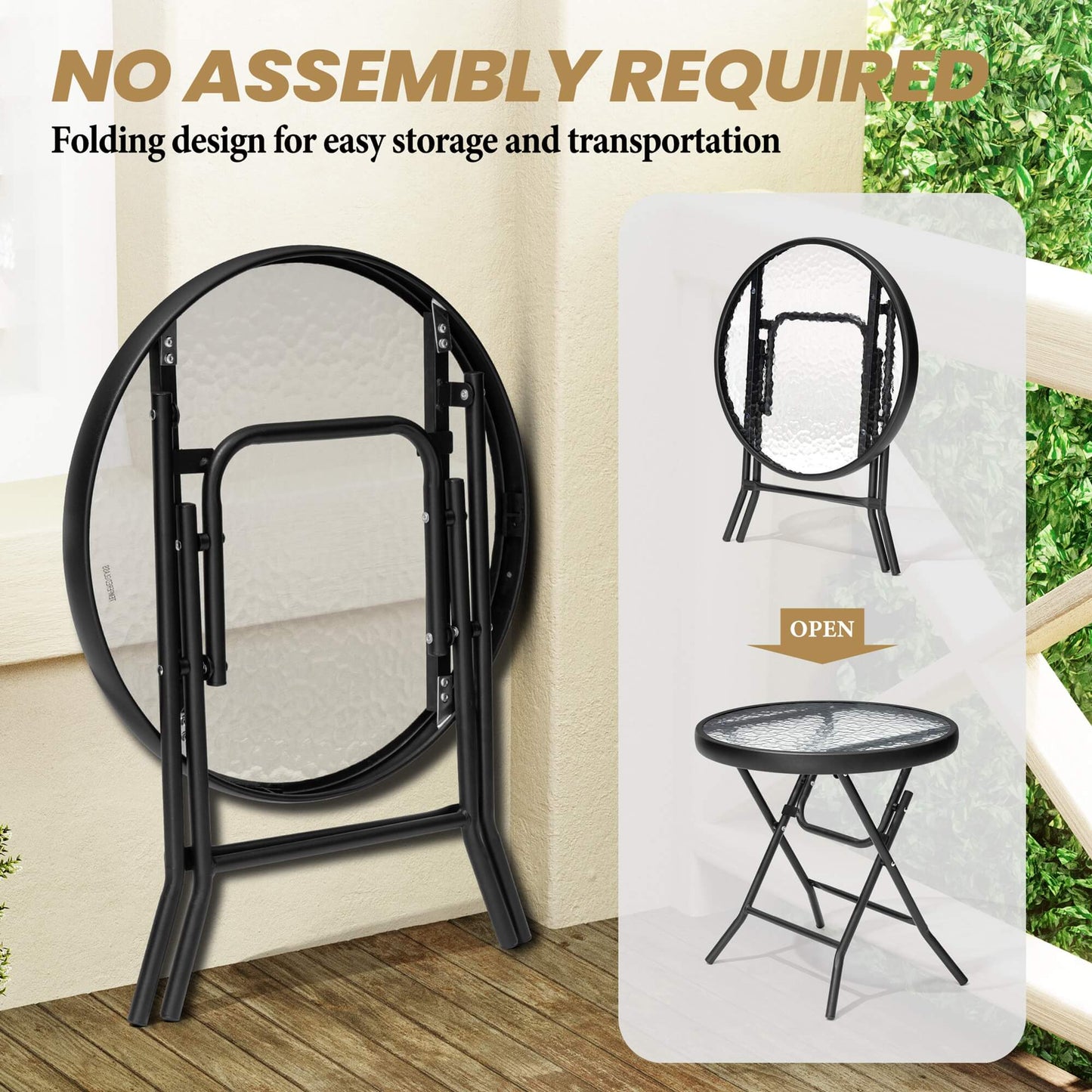 17x17" Foldable Round Glass Top Outdoor Side Table