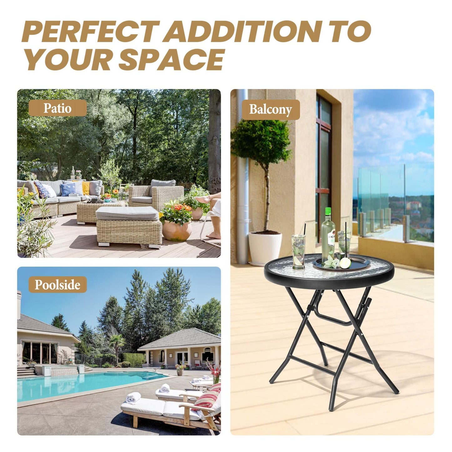 17x17" Foldable Round Glass Top Outdoor Side Table