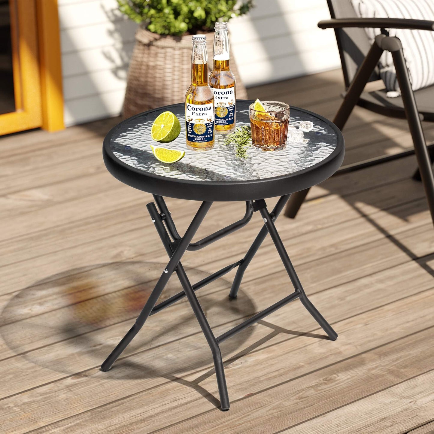 17x17" Foldable Round Glass Top Outdoor Side Table