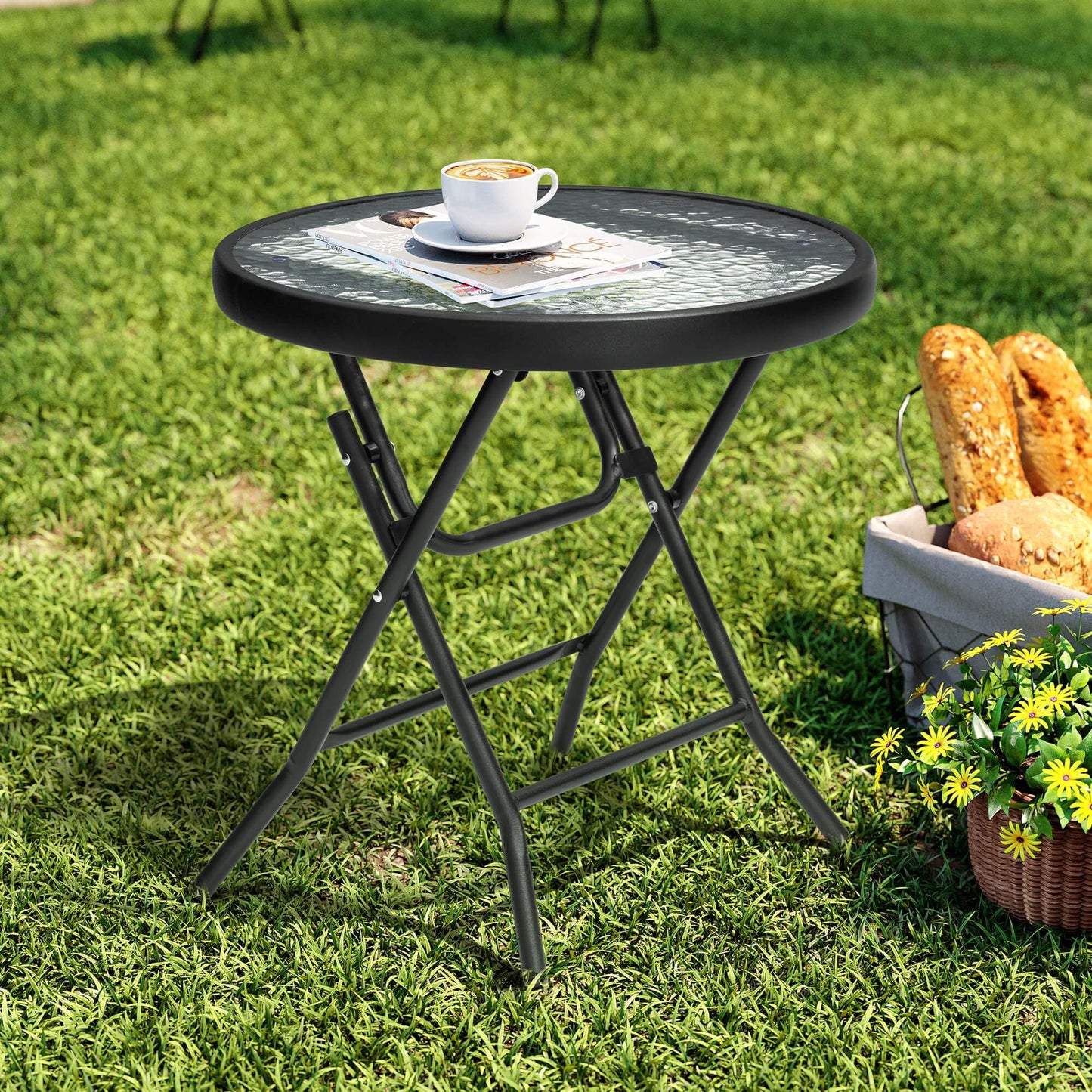 17x17" Foldable Round Glass Top Outdoor Side Table